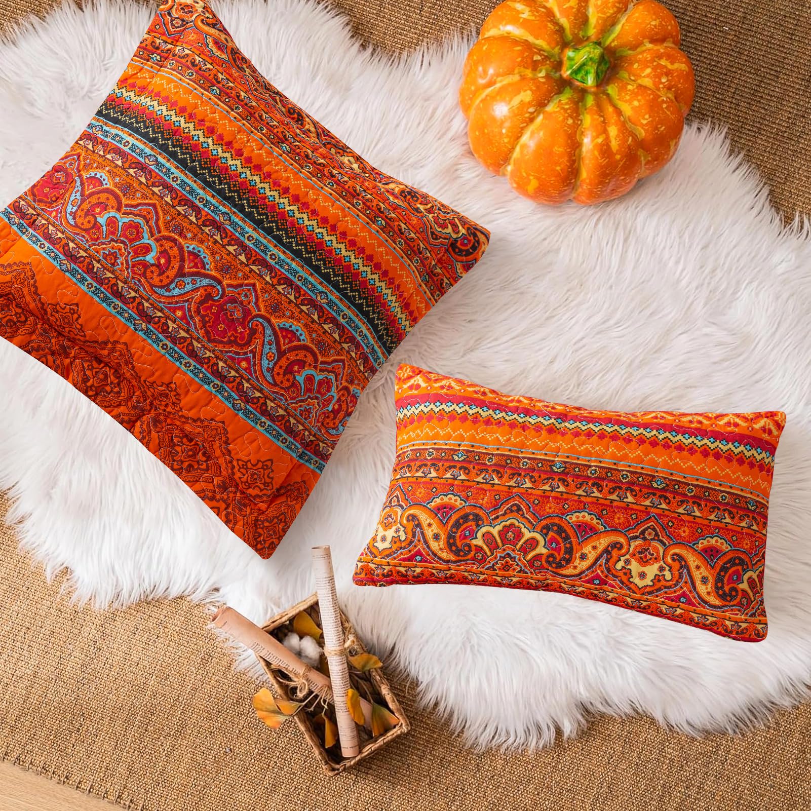 Boho Decorative Throw Pillow Covers Set of 2 - 18x18 Inch Square Farmhouse Cushion Covers for Couch, Bed & Sofa - Red Striped Jacquard Pattern - Perfect for Living Room, Bedroom & Home Decor