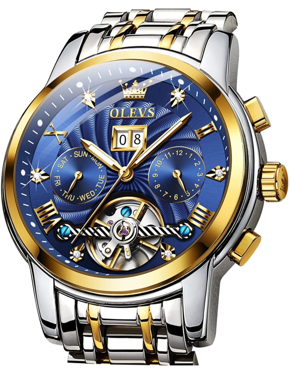 OLEVS Luxury Skeleton Automatic Mechanical Watch for Men - Self Winding, Diamond Accents, Luminous Hands, Waterproof - Perfect for Business, Formal Events & Everyday Wear