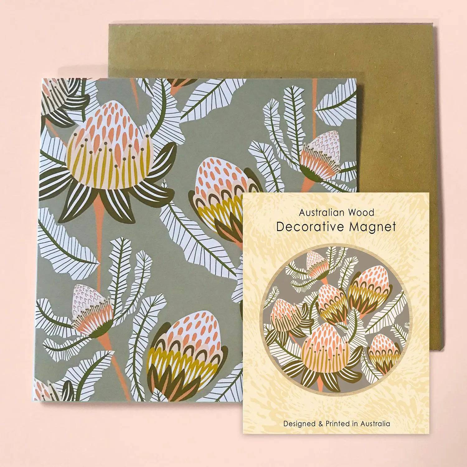 Bush Proteas Magnetic Gift Set with Greeting Card - Perfect for Home Decor, Office Gifts & Special Occasions