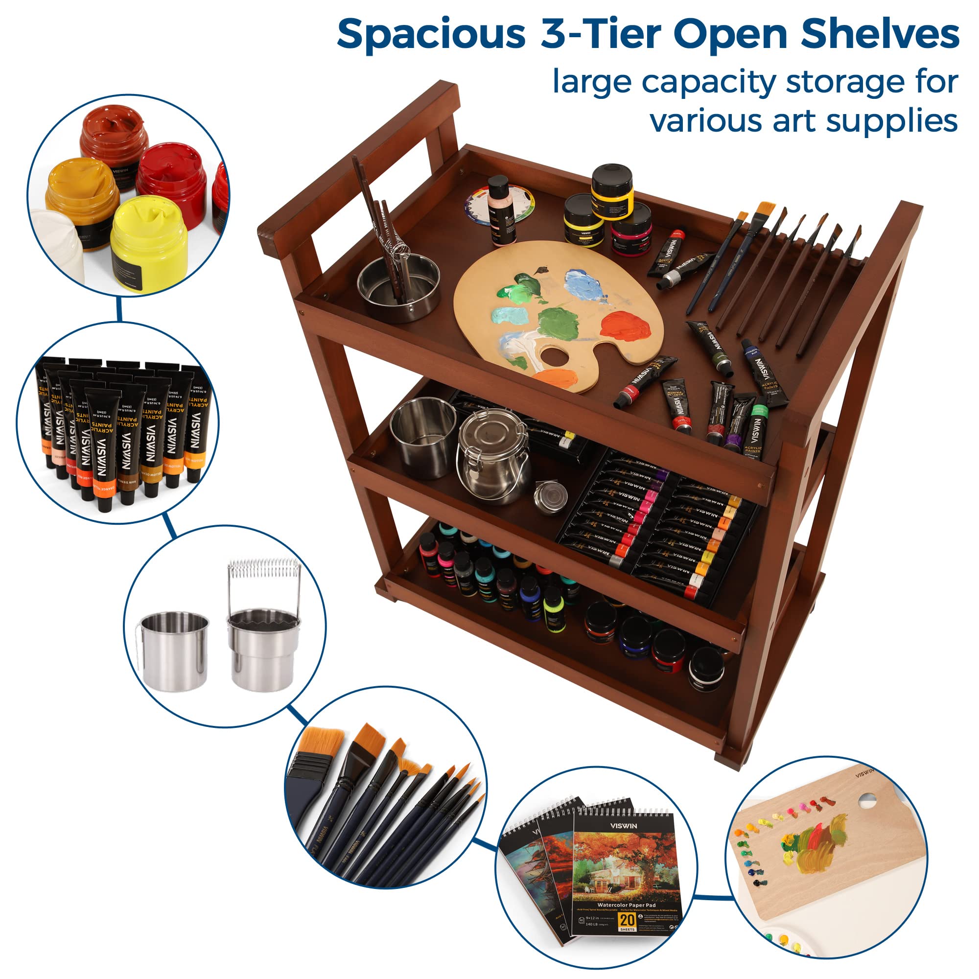 VISWIN 3-Tier Rolling Art Cart Organizer - Solid Beechwood Utility Taboret with Casters, Multifunctional Mobile Storage Trolley for Art Supplies, Classroom & Studio Organization (Walnut Finish) - Perfect for Artists, Teachers & Craft Rooms