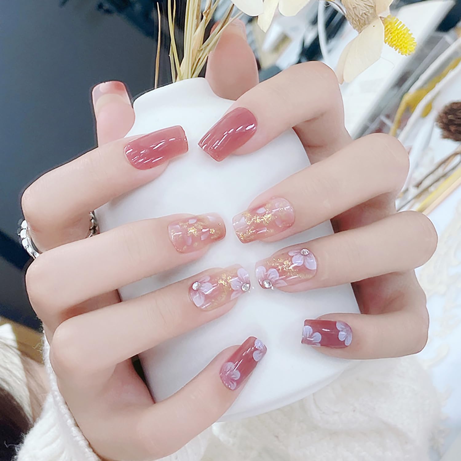 Vezocim 24Pcs Medium Length Square Press on Nails - Glossy Brown Acrylic Fake Nails with Flower & Rhinestone Designs, Full Cover Coffin False Nails with Glue Kit for Women | Perfect for Parties, Weddings, Date Nights & Special Occasions