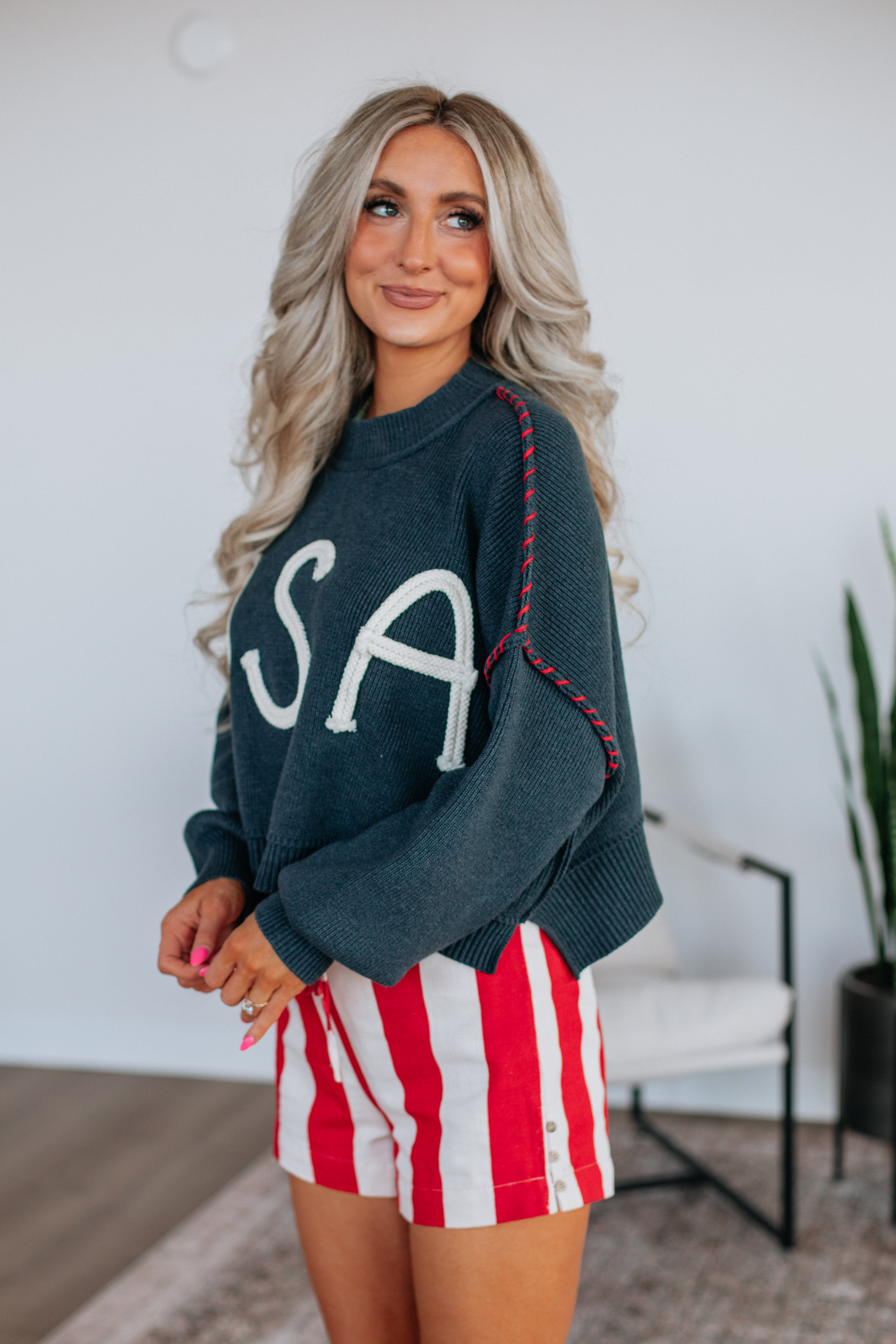 Americana Sweater for Women - Classic Navy Pullover | Cozy & Stylish Casual Wear for Fall & Winter