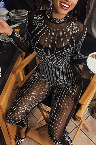 JEYKAY Women's Sexy Mesh See-Through Rhinestone Pantsuit - Geometric Tattoo Print Clubwear Jumpsuit for Party & Night Out (Black, Medium) | Perfect for Cocktail Parties, Clubbing, and Festive Occasions