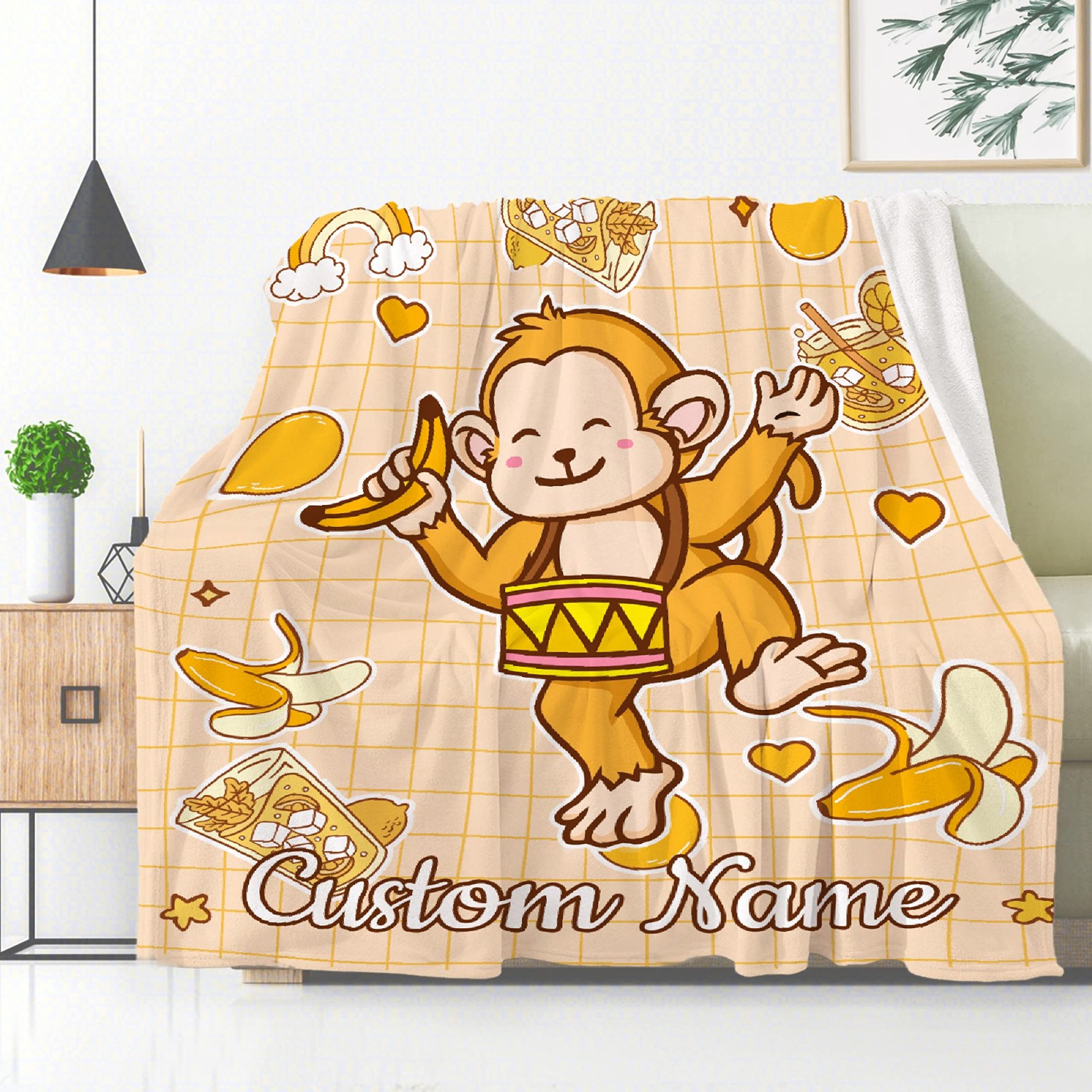 Custom Personalized Banana Monkey Blanket with Baby Name - Soft Flannel Lemon Boba Tea Throw Blanket for Girls & Boys - Unique Baby Gift for Couch, Bed, Sofa - Perfect for Nursery, Home Decor & Cozy Family Moments