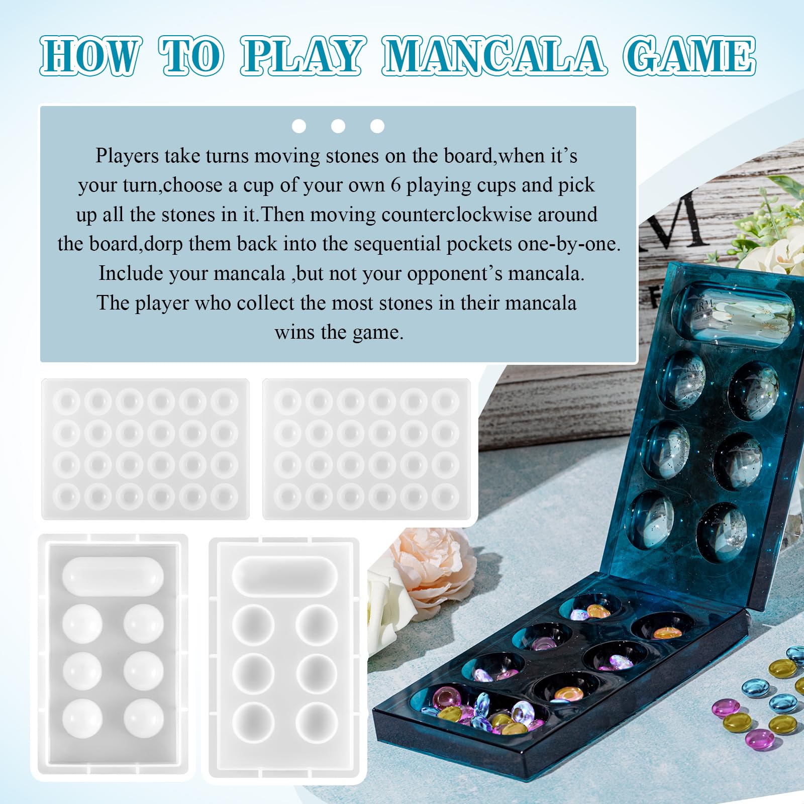 Premium Mancala Board Game Silicone Mold Set - DIY Epoxy Resin Casting Kit with 2 Mancala Stone Molds & 4 Metal Accessories - Perfect for Family Game Nights, DIY Crafts, and Unique Gift Making (Handmade Board Games, Birthday Presents, Party Activities)