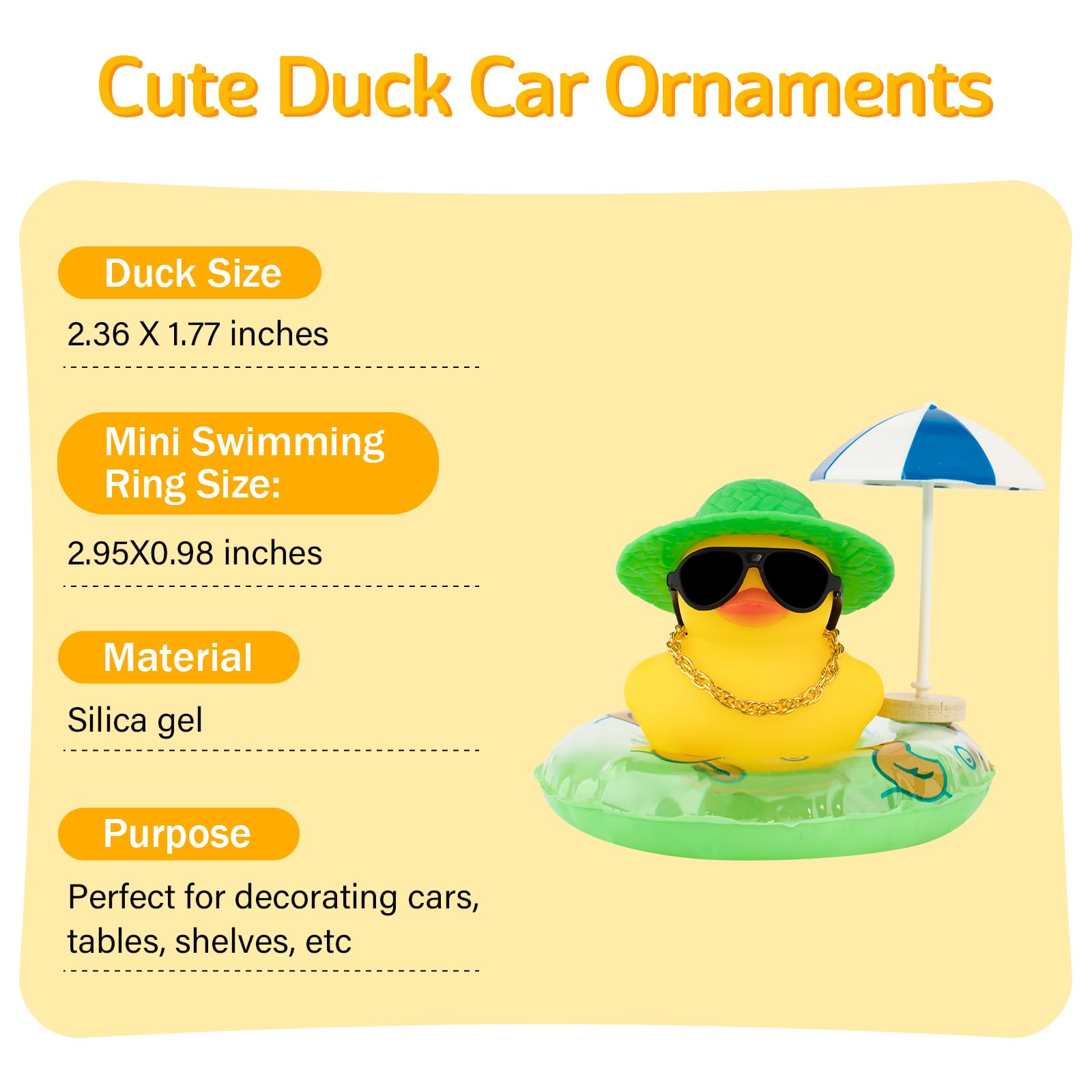 Wonuu Rubber Duck Car Ornaments - Cute Dashboard Decor with Straw Hat, Necklace, Sun Umbrella & Sunglasses - Green Car Accessories for Dashboard Decoration, Gift Idea & Fun Car Interior Styling