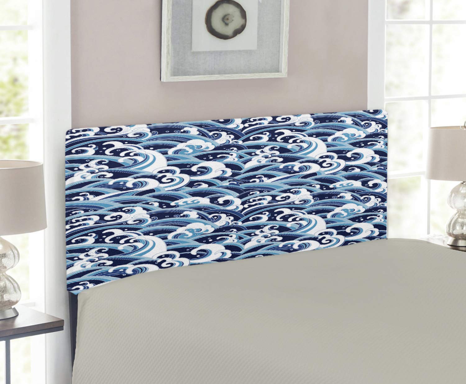 Ambesonne Japanese Wave Upholstered Headboard - Traditional Eastern Water Foam Splash Design, Navy Blue & Pale Blue Memory Foam Bed Headboard for Twin Size Beds | Perfect for Coastal, Zen & Asian-Inspired Bedroom Decor
