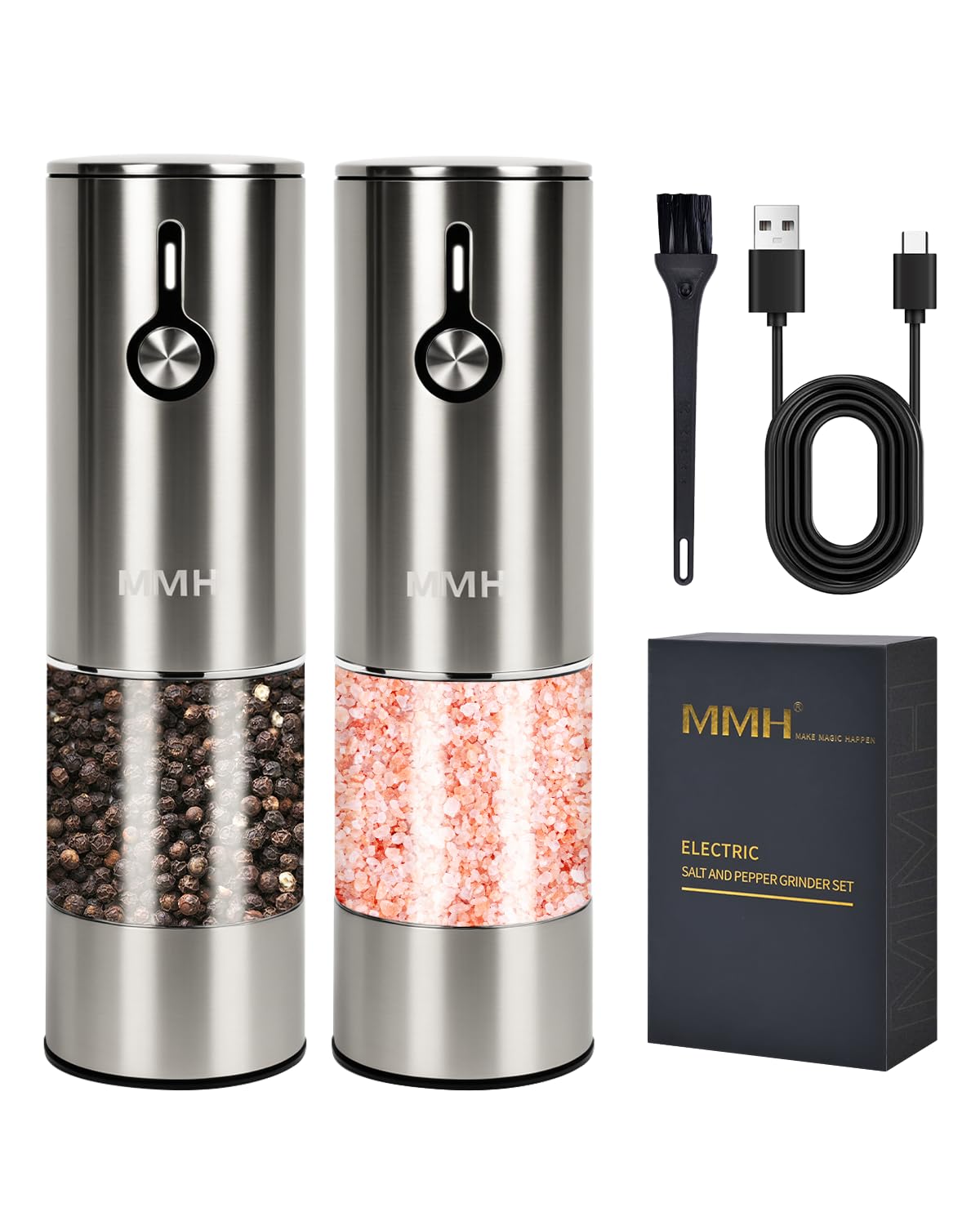 Upgraded 66g Large Capacity Rechargeable Electric Salt and Pepper Grinder Set - 2 Pack with 6 Adjustable Coarseness Levels, Stainless Steel Automatic Spice Mill with LED Light - Perfect for Kitchen, Dining Table & Outdoor BBQ