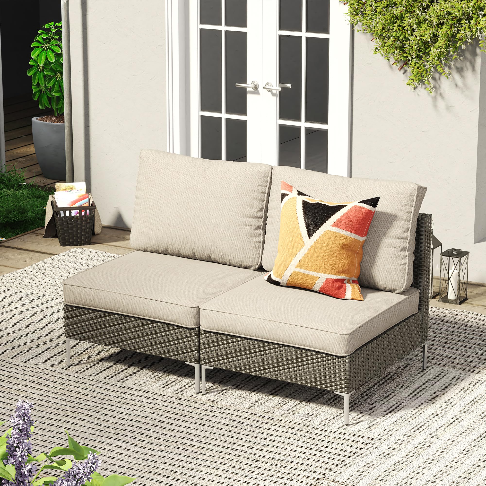 VICLLAX 2-Piece Wicker Patio Furniture Set - Outdoor Rattan Sofa Set with Cushions, Grey All-Weather Conversation Set for Deck, Backyard, Garden, Porch or Poolside Relaxation