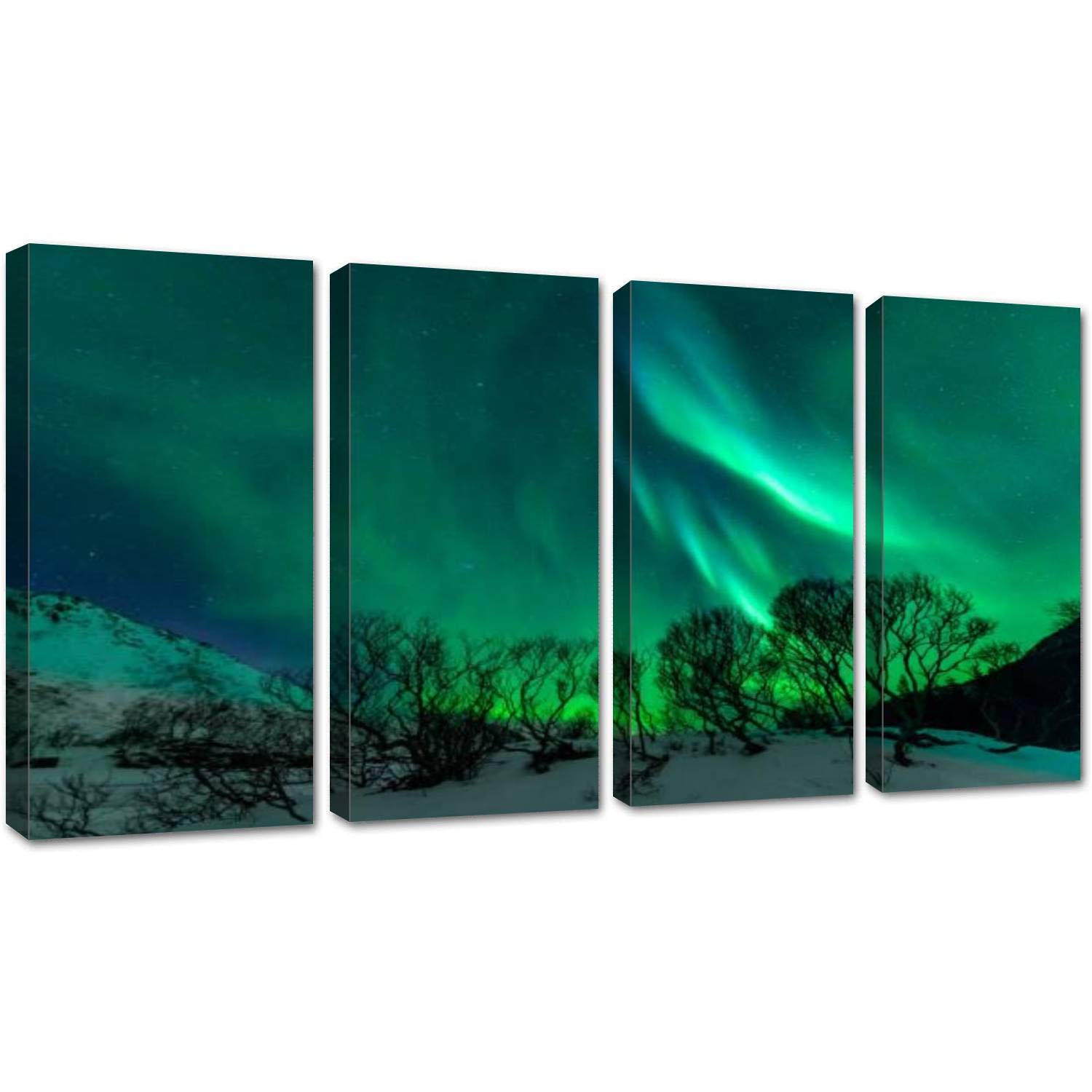 4 Piece Canvas Wall Art - Northern Lights Aurora Borealis Night View Over Lofoten Islands - Modern Landscape Painting Posters & Prints for Home Decor - Ready to Hang 12x24 Inches - Perfect for Living Room, Bedroom, Office & Dorm Wall Decor