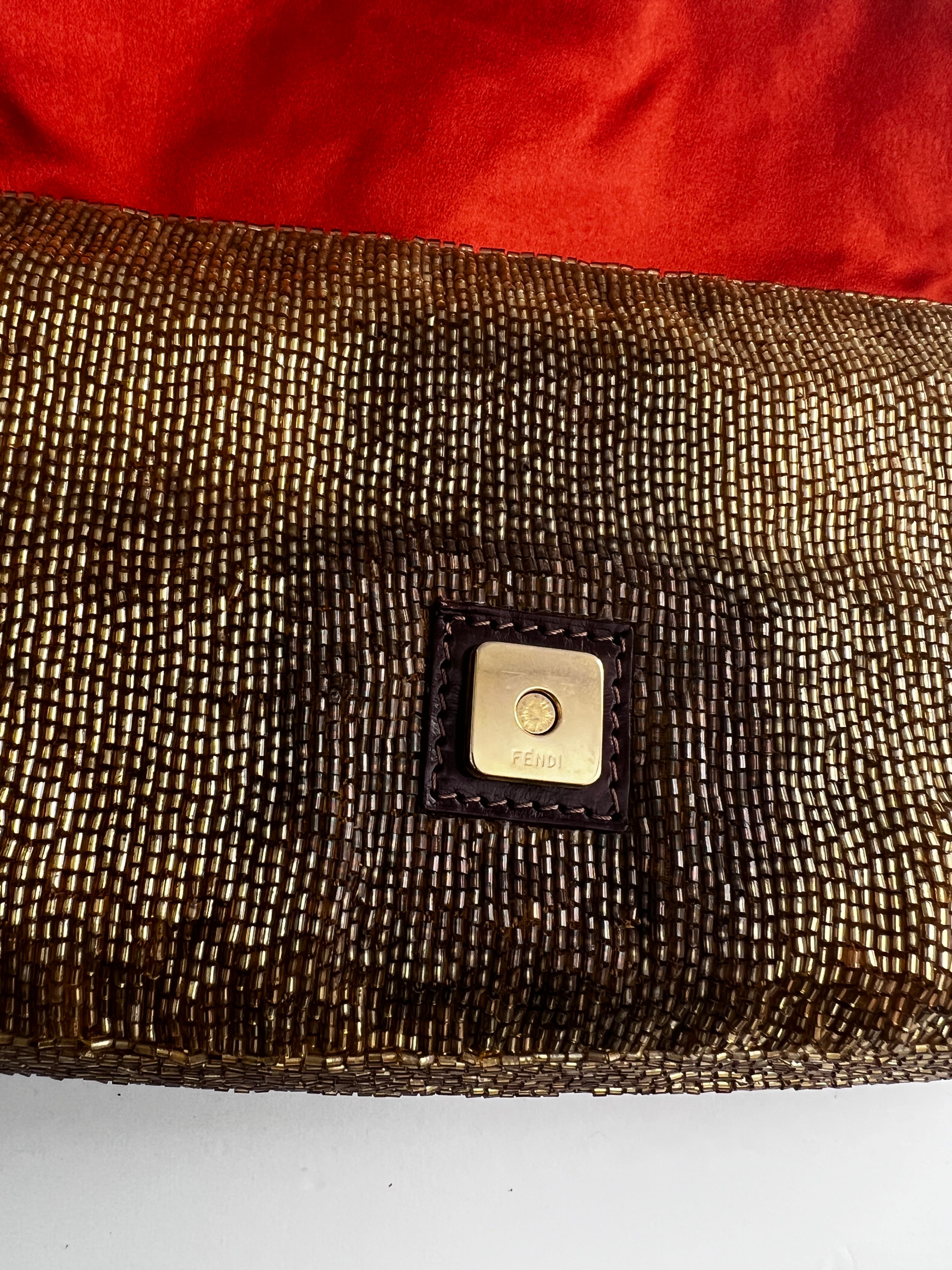 Fendi Gold Beaded Baguette Bag - Luxury Designer Crossbody Purse for Women | Perfect for Parties, Weddings & Evening Events