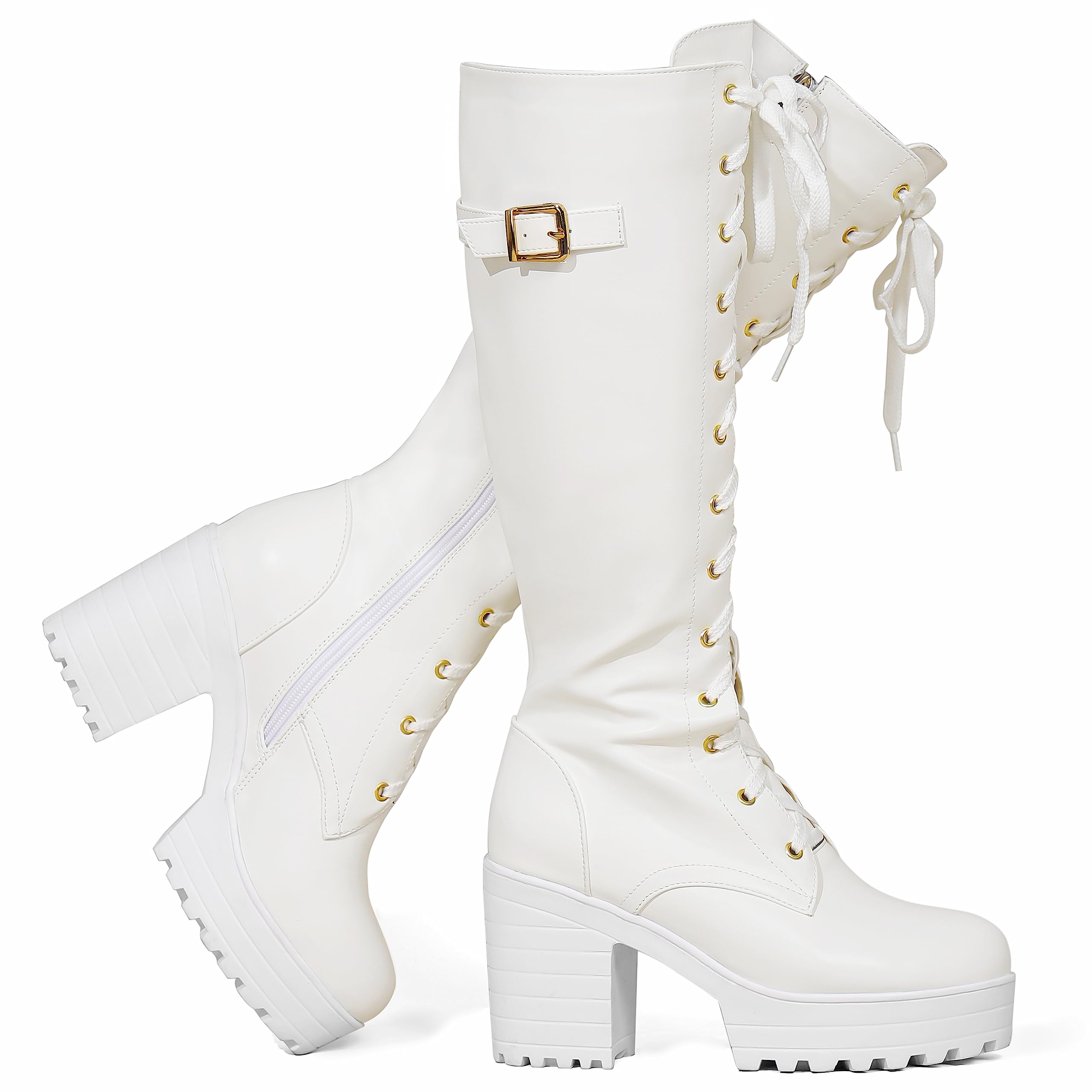 Women's Fashion Platform Block Heel Knee High Boots - Lace Up Ankle Booties for Fall Winter, Office Wear & Night Out