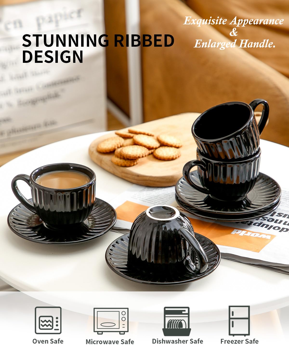 Hasense 4 Oz Espresso Cups with Saucers - Set of 4 Ceramic Coffee Cups for Espresso, Cappuccino, Latte & Macchiato - Double Shot Demitasse Cups - Elegant Black Coffee Gift Set - Perfect for Home, Cafe & Office Use