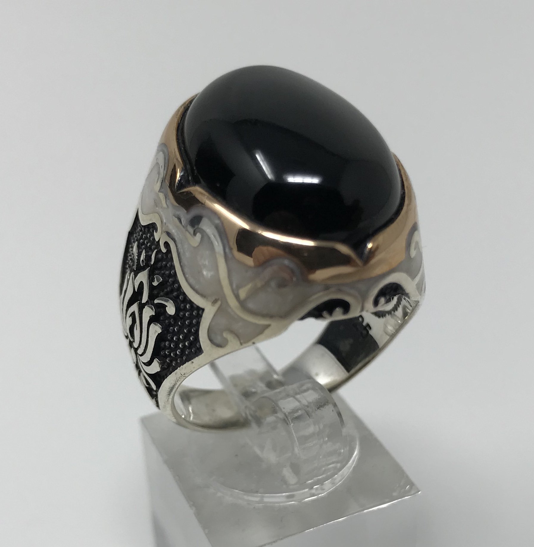 925K Sterling Silver Black Onyx & Mother of Pearl Enameled Men's Ring - Special Edition K62H for Wedding, Anniversary & Formal Occasions