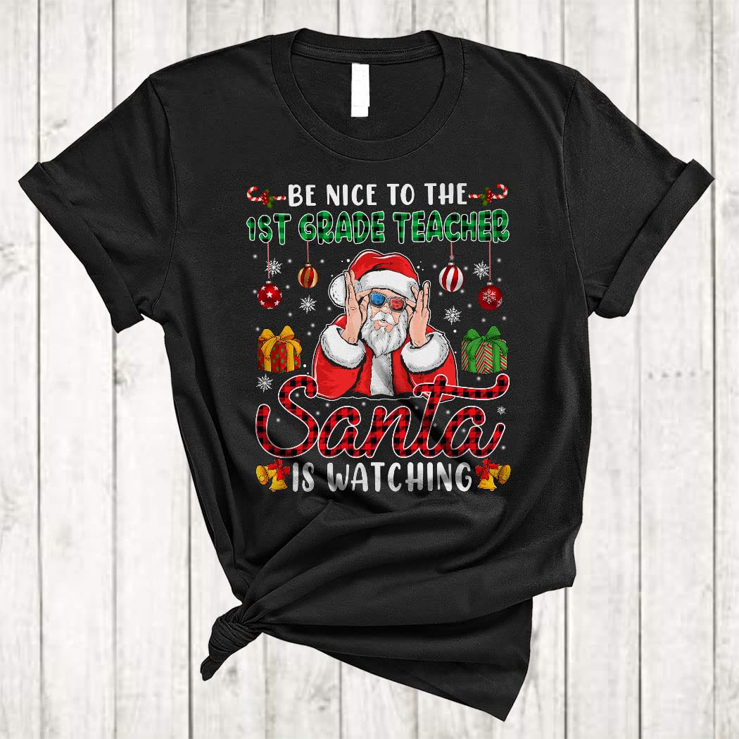 1st Grade Teacher Christmas Gift T-Shirt - Santa Red Green Plaid Unisex Apparel for Teachers | Perfect Holiday Present for Educators, School Staff & Teacher Appreciation