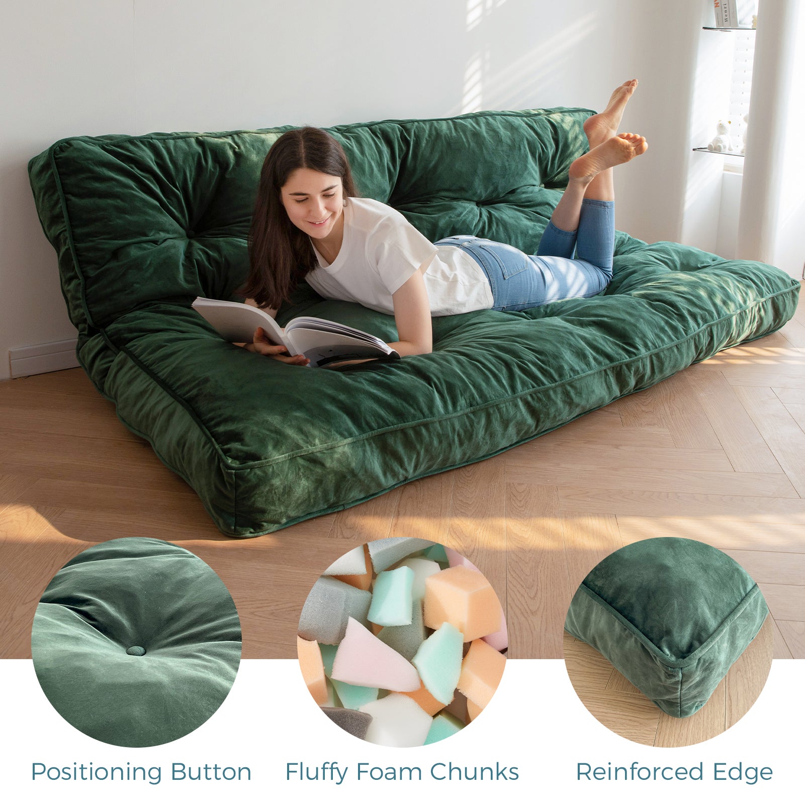 MAXYOYO 6-Inch Velvet Futon Mattress for Sofa Bed - Green (Mattress Only) | Comfortable & Space-Saving for Small Apartments, Guest Rooms & Dorm Living