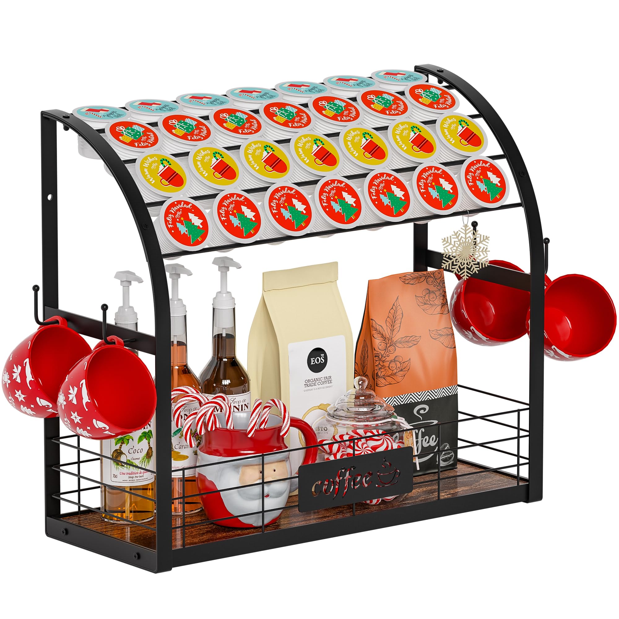 2-Tier Metal K Cup Holder with 4 Coffee Mug Hooks - Multi-Functional Coffee Station Organizer for Countertop, Wooden K Cup Tray - Perfect for Home Kitchen, Office Coffee Bar & Small Space Organization (Black)