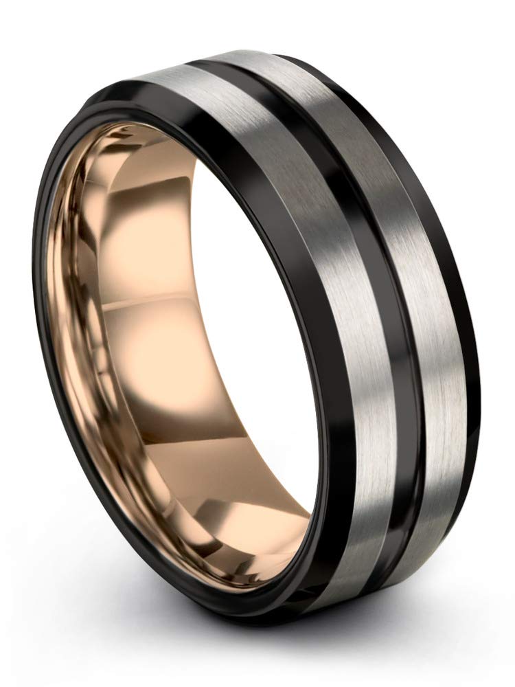 8mm Men's Tungsten Ring - Brushed Grey & 18K Gold Plated Tungsten Carbide Wedding Band with Polished Black Center Line - Step Beveled Edge Comfort Fit for Men - Durable & Hypoallergenic Jewelry - Perfect for Weddings, Anniversaries & Everyday Wear - Available in Rose Gold or Yellow Gold