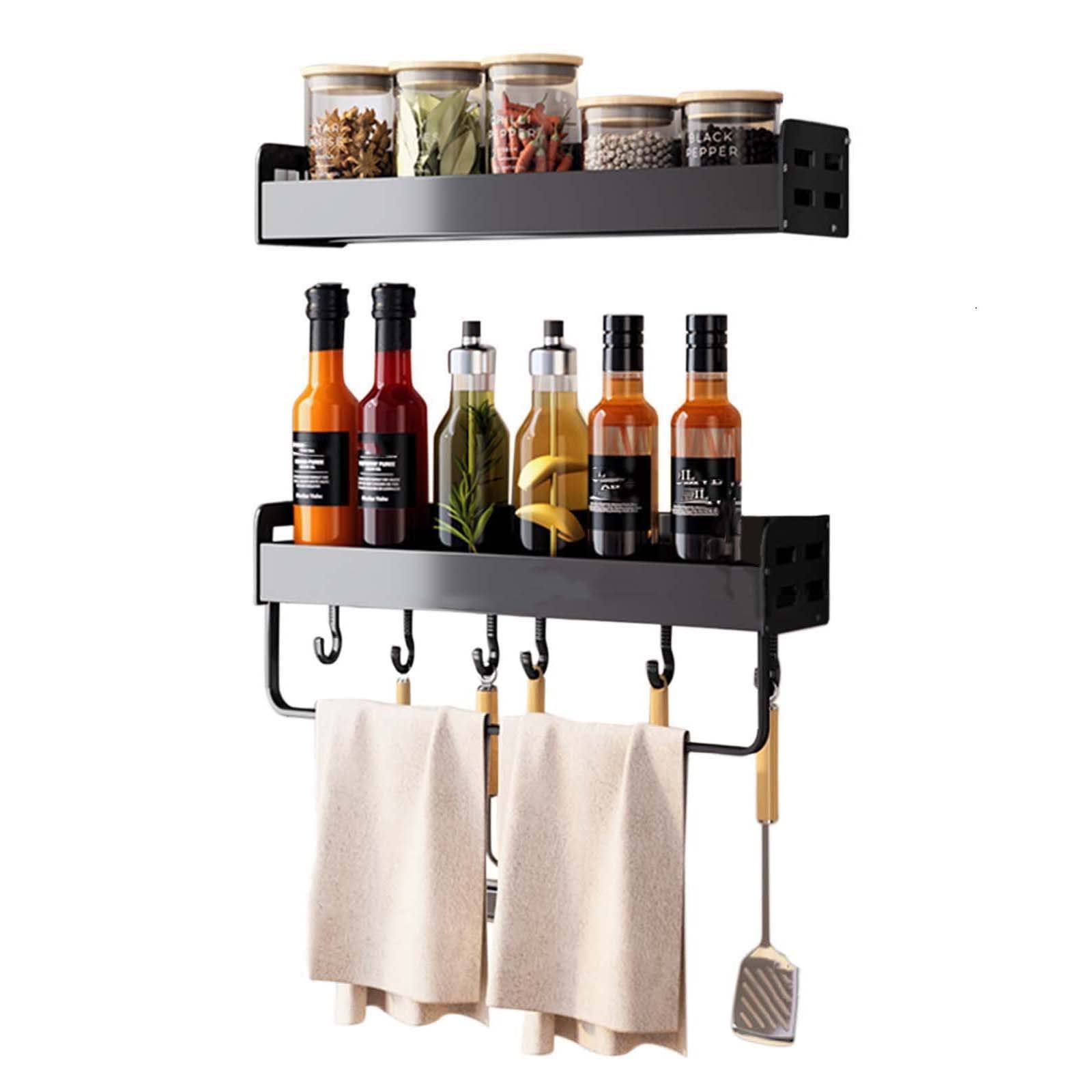 Black Adhesive Spice Shelf & Pan Rack - No Drill Wall Mount Kitchen Organizer, 50cm Aluminum Space Saver for Bathroom & Dining Room - Perfect for Small Apartments & RV Living
