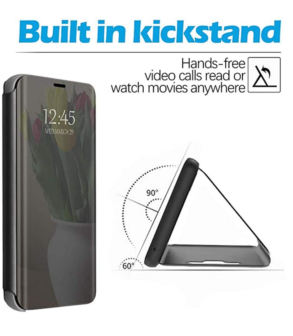 Premium Slim Mirror Flip Case for iPhone 13 Mini - Shockproof Clear View Bookstyle Cover with Kickstand | PU Leather Protective Phone Case (Black) | Perfect for Work, Travel & Everyday Use