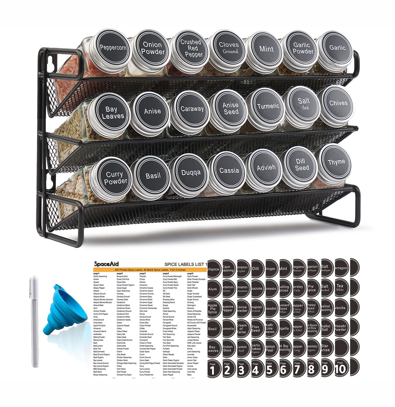 SpaceAid 21-Jar Spice Rack Organizer Set with 386 Spice Labels, Chalk Marker & Funnel - Wall/Cabinet Mount for Kitchen, Pantry, Countertop Storage (13.4