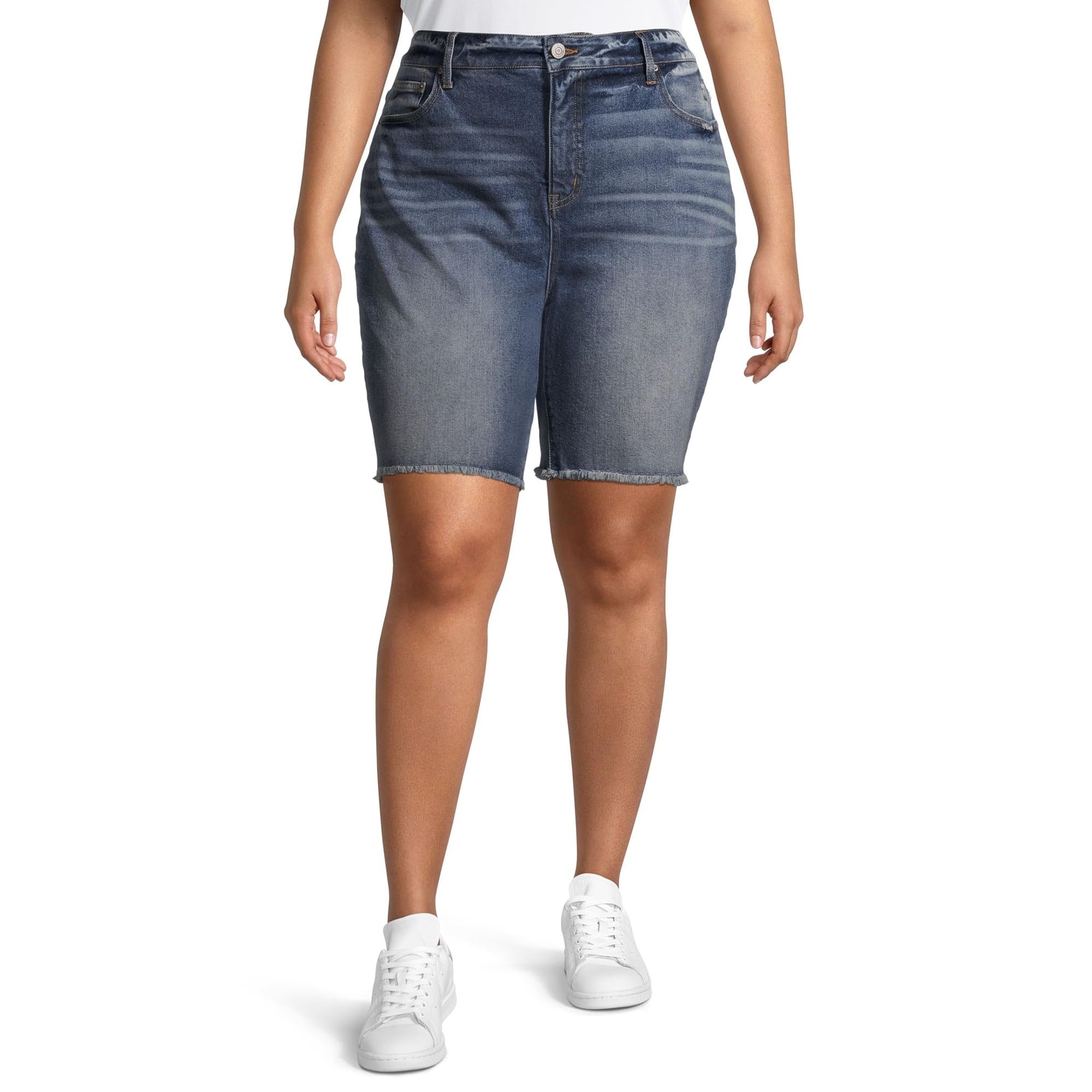 Layla Medium Wash Plus Size Frayed Hem Denim Bermuda Shorts for Women - Comfortable Stretch Denim Shorts for Casual Wear, Summer Outfits & Beach Vacations