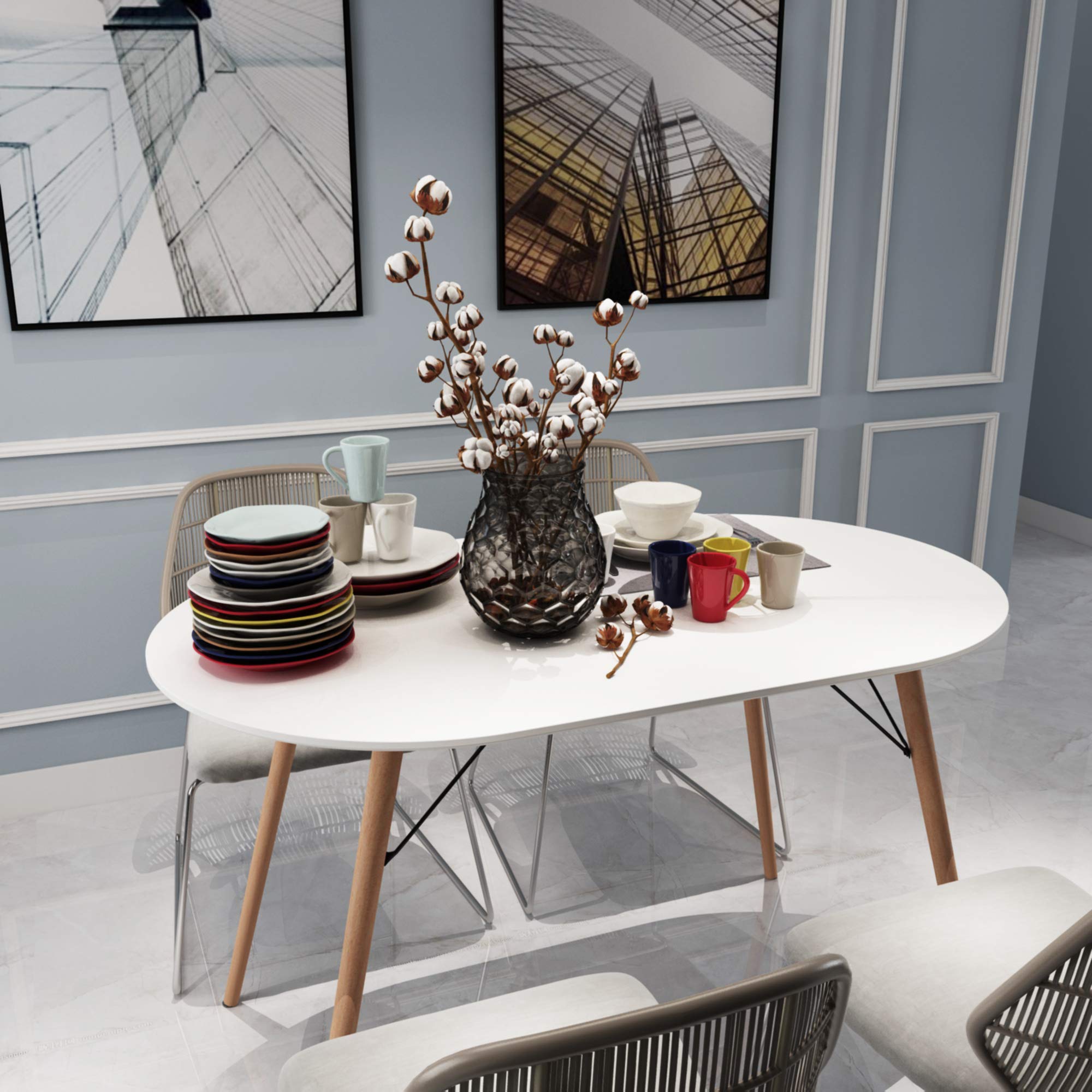 Mid Century Modern Dining Table - White Kitchen Table for Home, Office, Bistro & Cafe | Simple & Stylish Computer Desk & Writing Table | Perfect for Small Spaces, Breakfast Nook & Cozy Dining