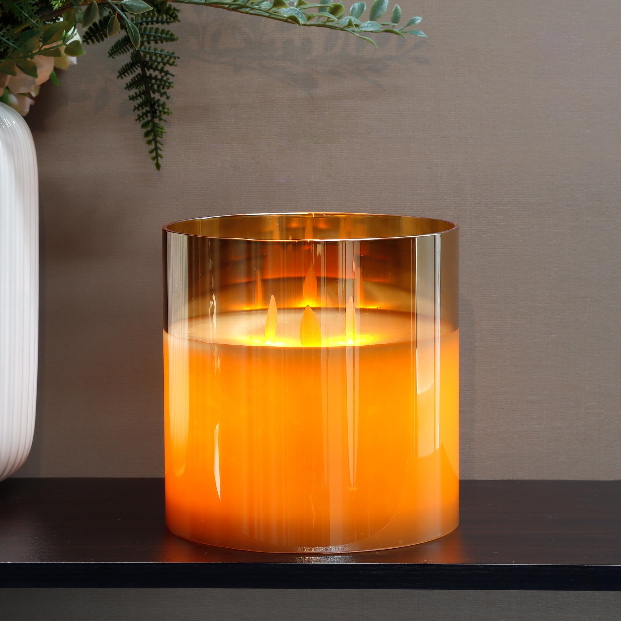 JHY DESIGN 6-Inch Large Flameless LED Candle with 3 Wicks - Battery Operated Moving Flame Effect, 6-Hour Timer, Realistic 3D Glass Design - Perfect for Christmas Decor, Party Centerpiece, Wedding, Living Room, Dining Table & Bar Decor (Gold)