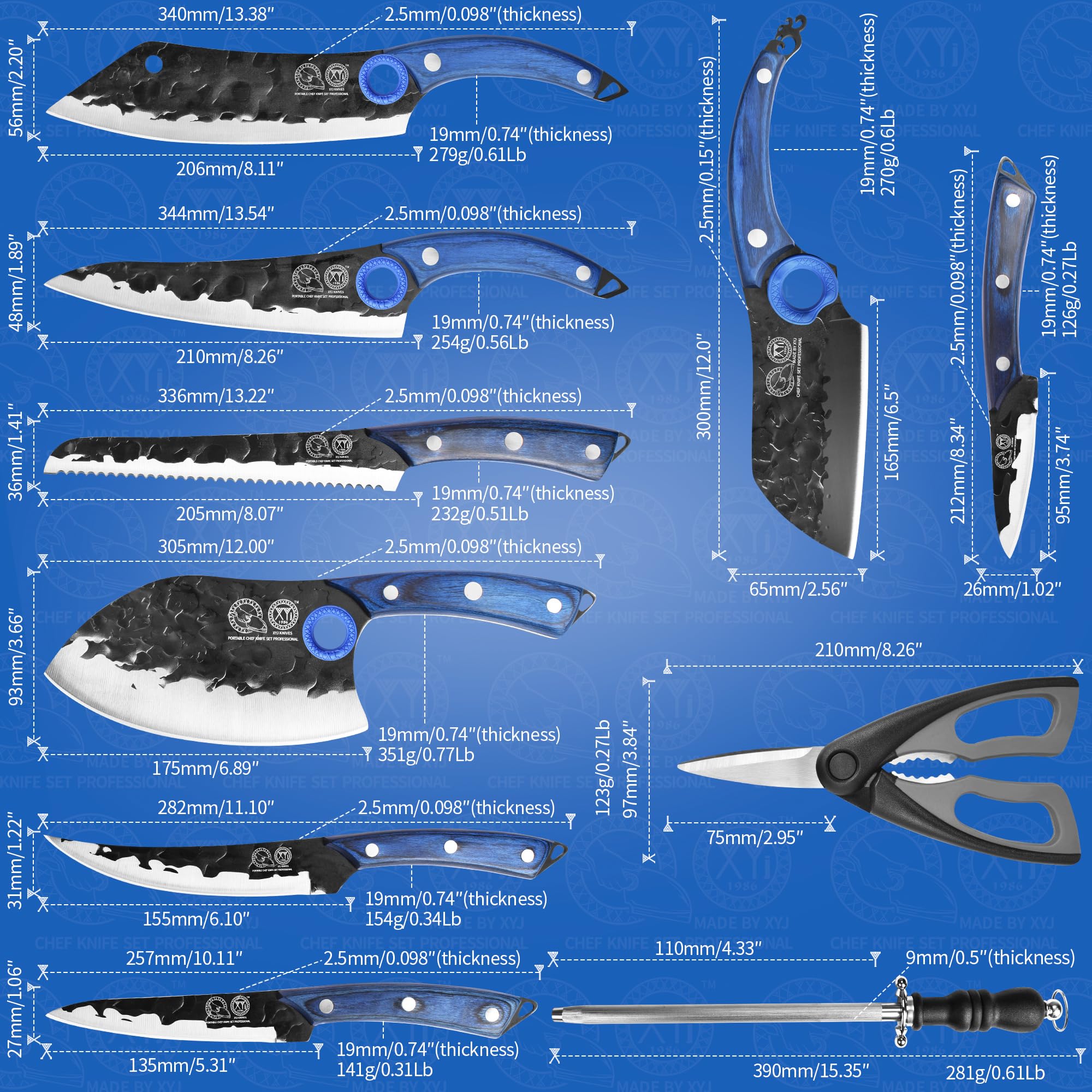 XYJ Professional Kitchen Knife Set - 6-Piece High-Carbon Steel Forged Chef Knives with Full Tang Design (Chef's Knife, Cleaver, Carving Knife, Nakiri) Includes Carrying Case & Poultry Shears - Perfect for Home Cooking, Professional Chefs & Outdoor BBQ