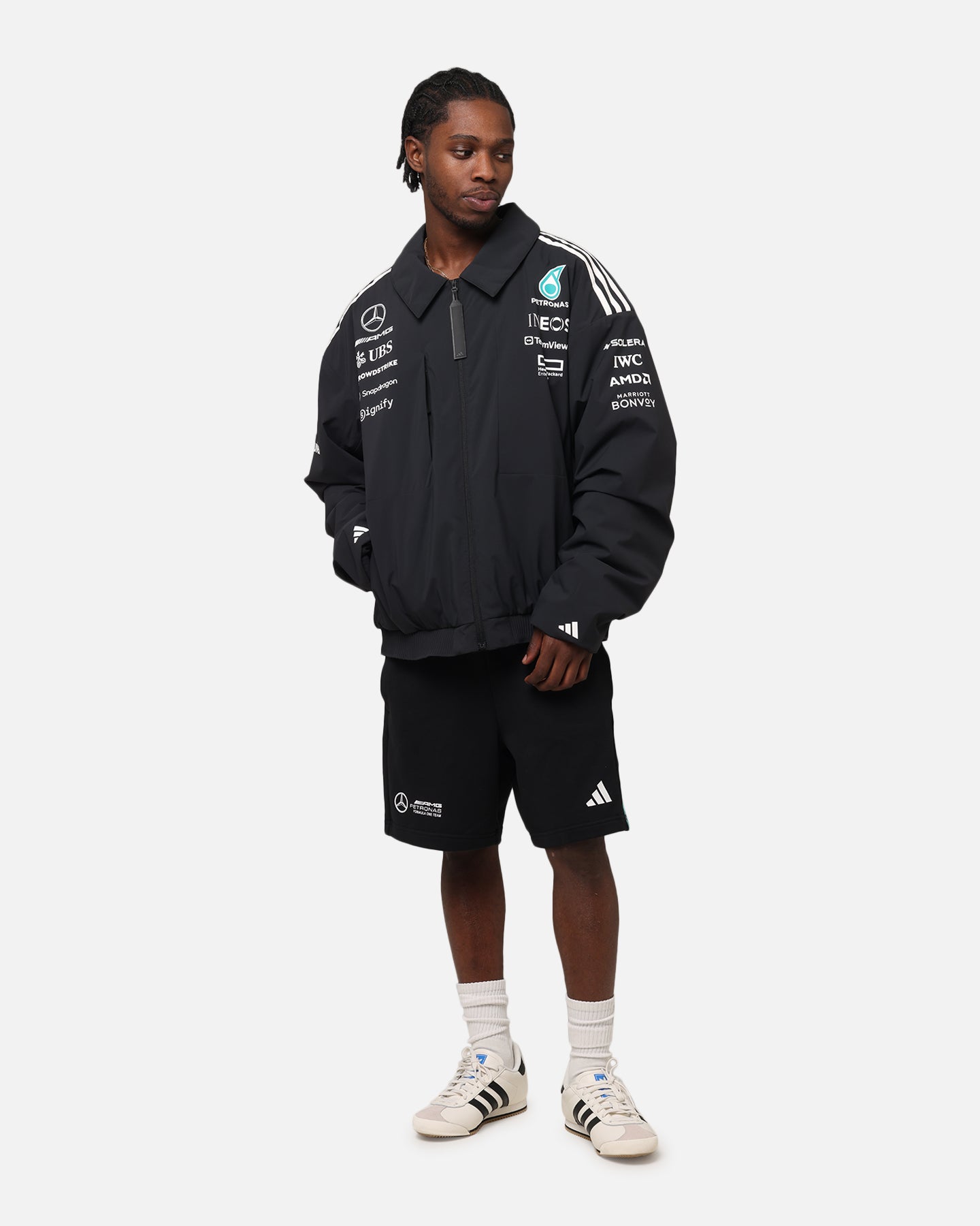 Adidas x Mercedes AMG PETRONAS F1 Team 2025 Racing Jacket - Black & White - Official Formula One Motorsport Apparel for Fans & Racing Enthusiasts