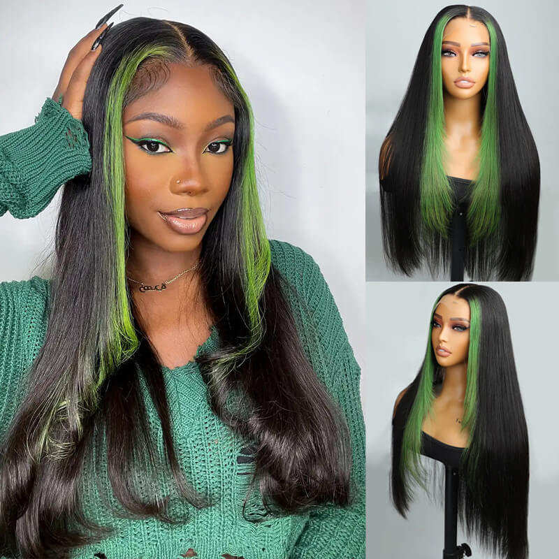 Eullair Green Skunk Stripe Layered Cut Straight Human Hair Wig with Golden Ginger Highlights - Pre Cut Lace Front for Natural Look | Perfect for Cosplay, Halloween, Daily Fashion & Special Occasions
