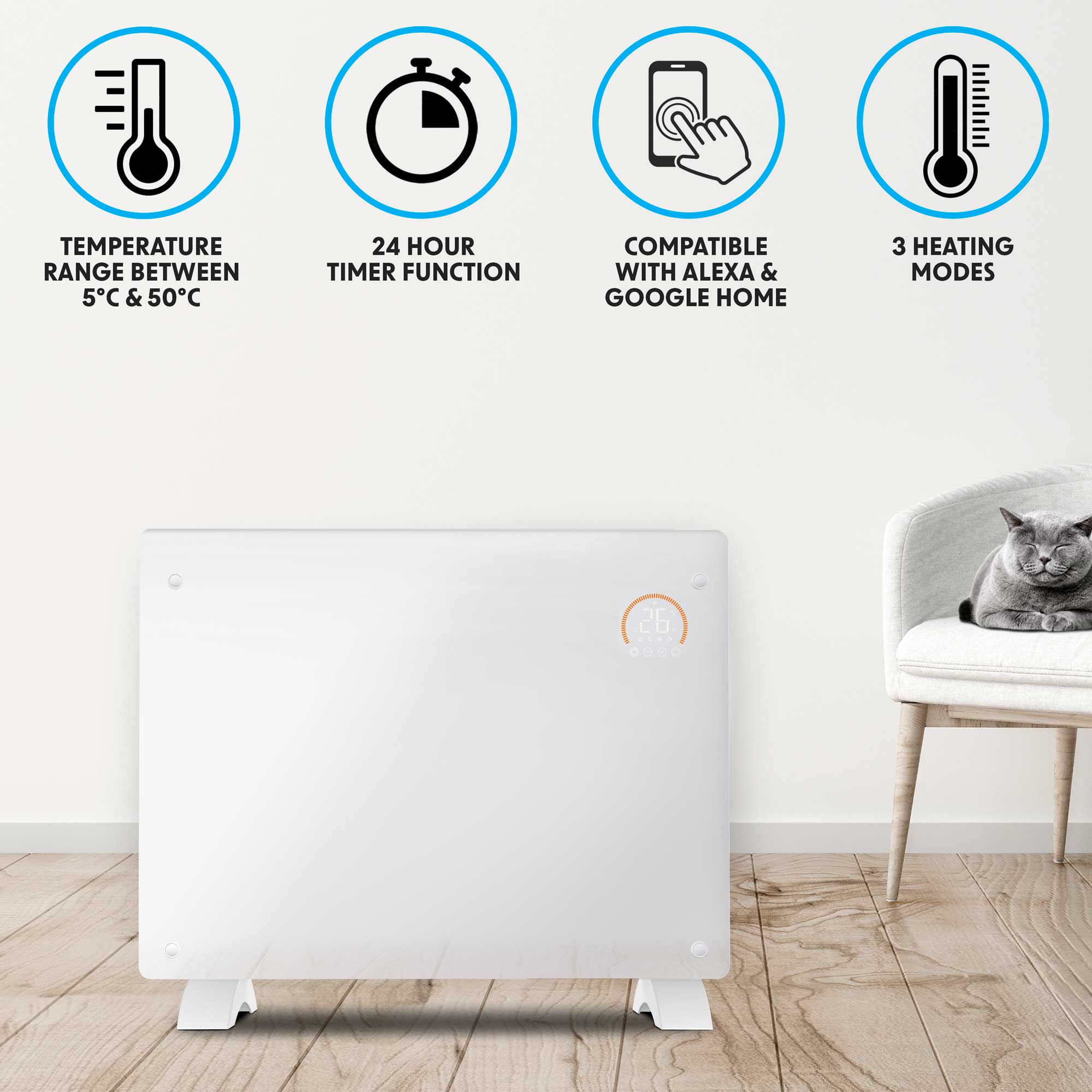 Baridi 1500W Smart WiFi Electric Glass Panel Heater with Remote Control & 24/7 Timer - White Space Heater for Bedroom, Office & Home Use - Model DH138