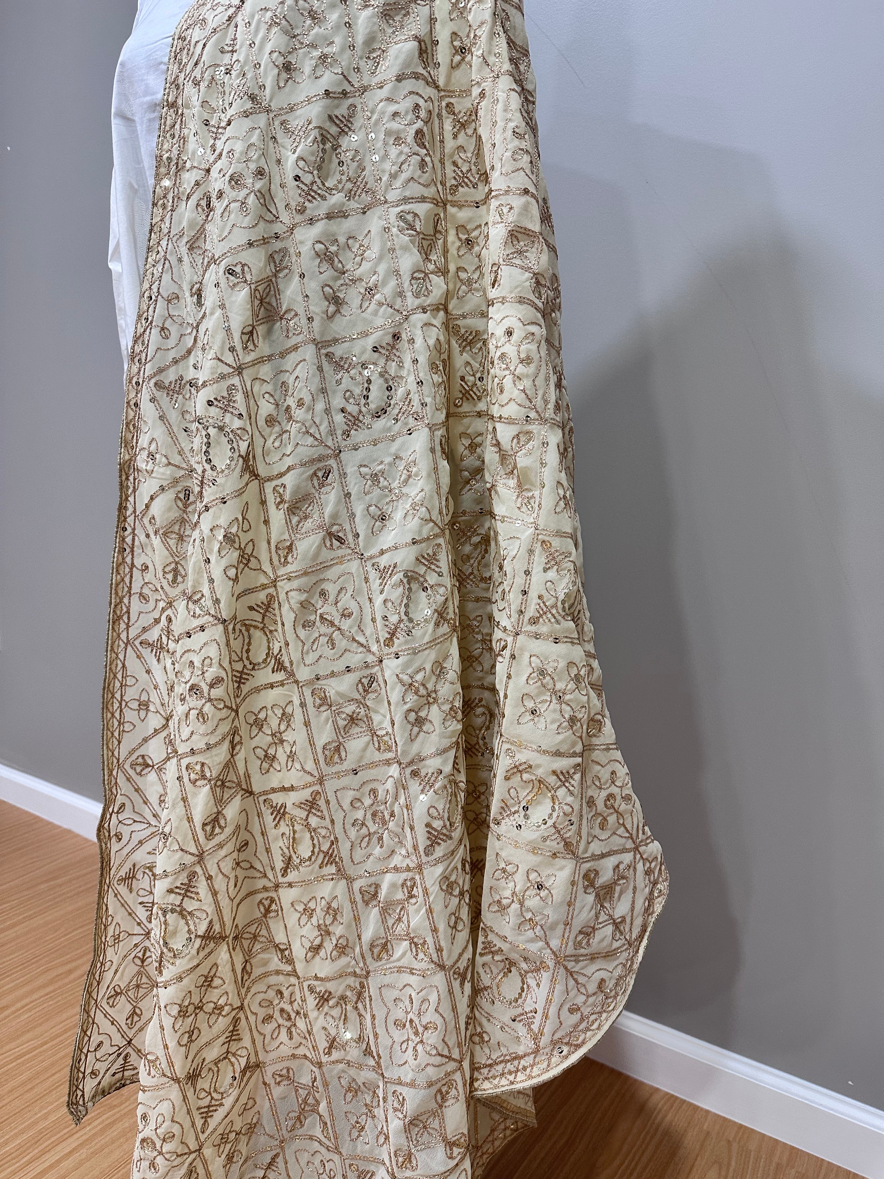 Elegant Cream and Gold Embroidered Dupatta Scarf - Perfect for Weddings, Parties, and Festive Occasions