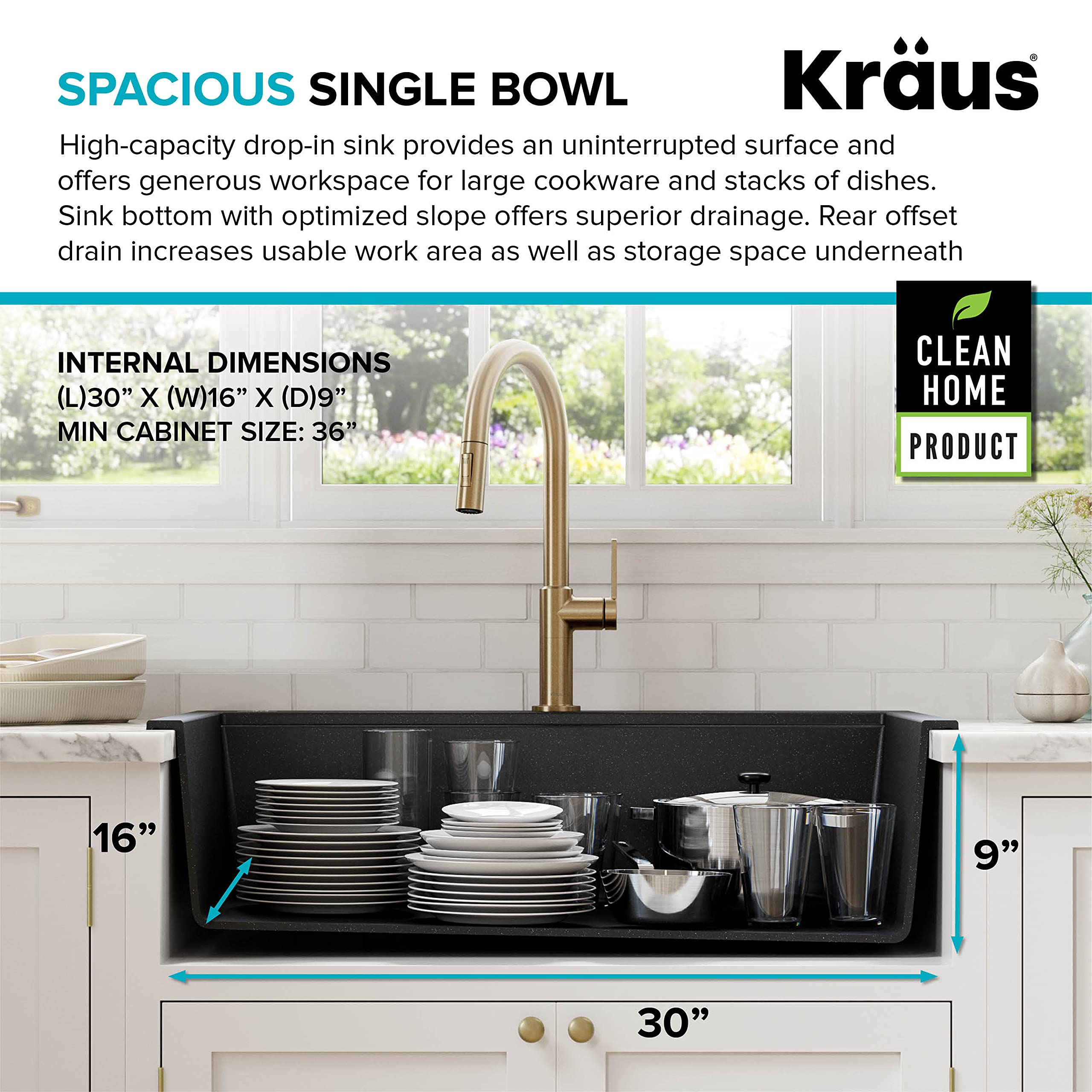 KRAUS Bellucci 33-Inch Drop-In Granite Composite Single Bowl Kitchen Sink in Metallic Black with Accessories & WasteGuard™ Garbage Disposal - Durable, Stylish for Modern Kitchens | Perfect for Meal Prep, Dishwashing & Entertaining