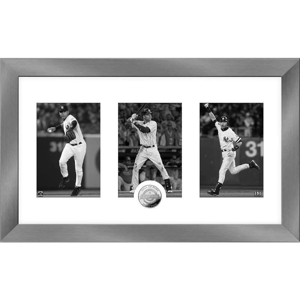 Derek Jeter Hall of Fame 2020 Black & White Photo Collage with Silver HOF Coin Framed - New York Yankees Memorabilia for Sports Fans & Home Office Decor