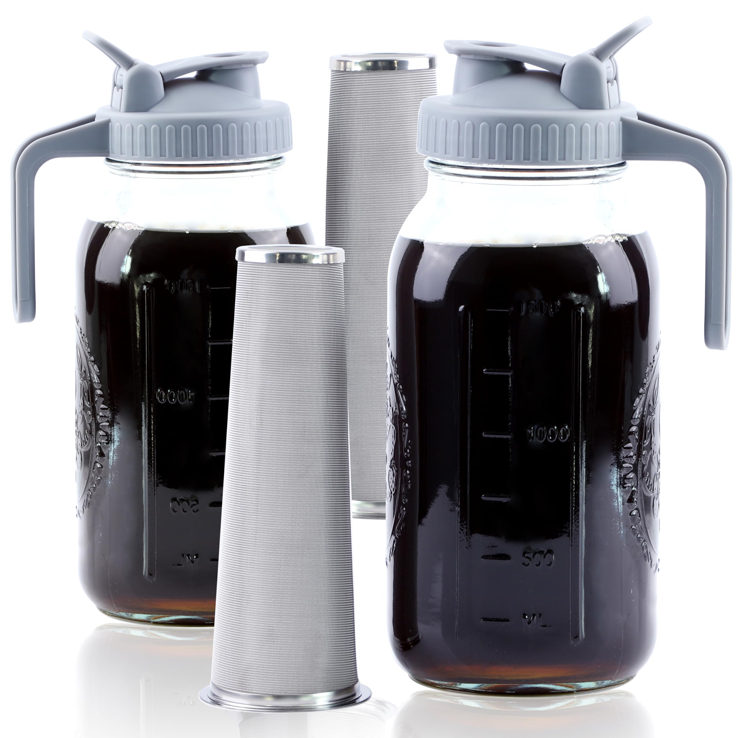 Premium 64 Oz Cold Brew Coffee Maker Set - 2 Half Gallon Wide Mouth Glass Pitchers with Stainless Steel Strainer & Spout Lids - Perfect for Iced Coffee, Tea, Lemonade, and Refrigerator Storage - Ideal for Home, Office, and Outdoor Use