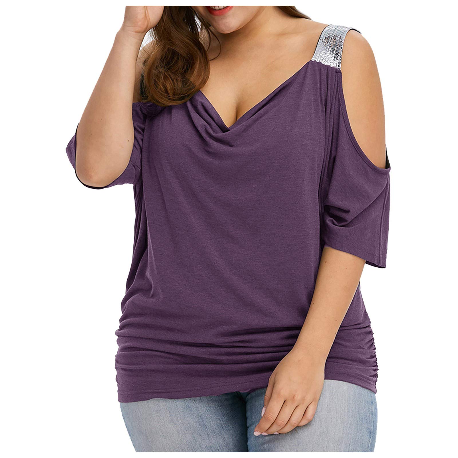 Vacger Plus Size Women's Cold Shoulder Loose Casual Short Sleeve Blouse - Breathable Workout Top for Office, Yoga & Summer Outings