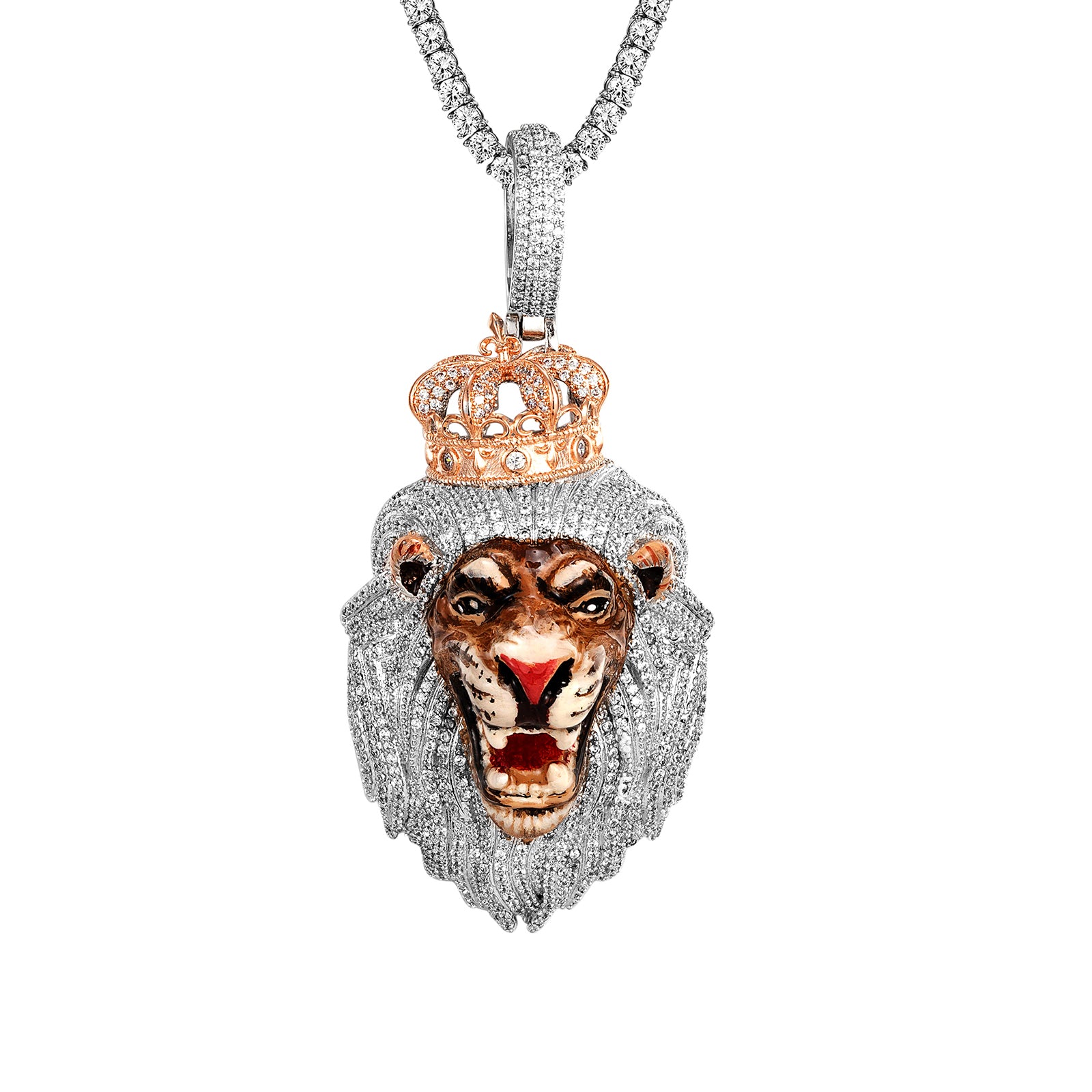 Roaring Lion 3D Crown Two-Tone White Gold Icy Men's Pendant Necklace - Bold Hip Hop Jewelry for Men, Perfect Gift for Birthday, Anniversary & Special Occasions