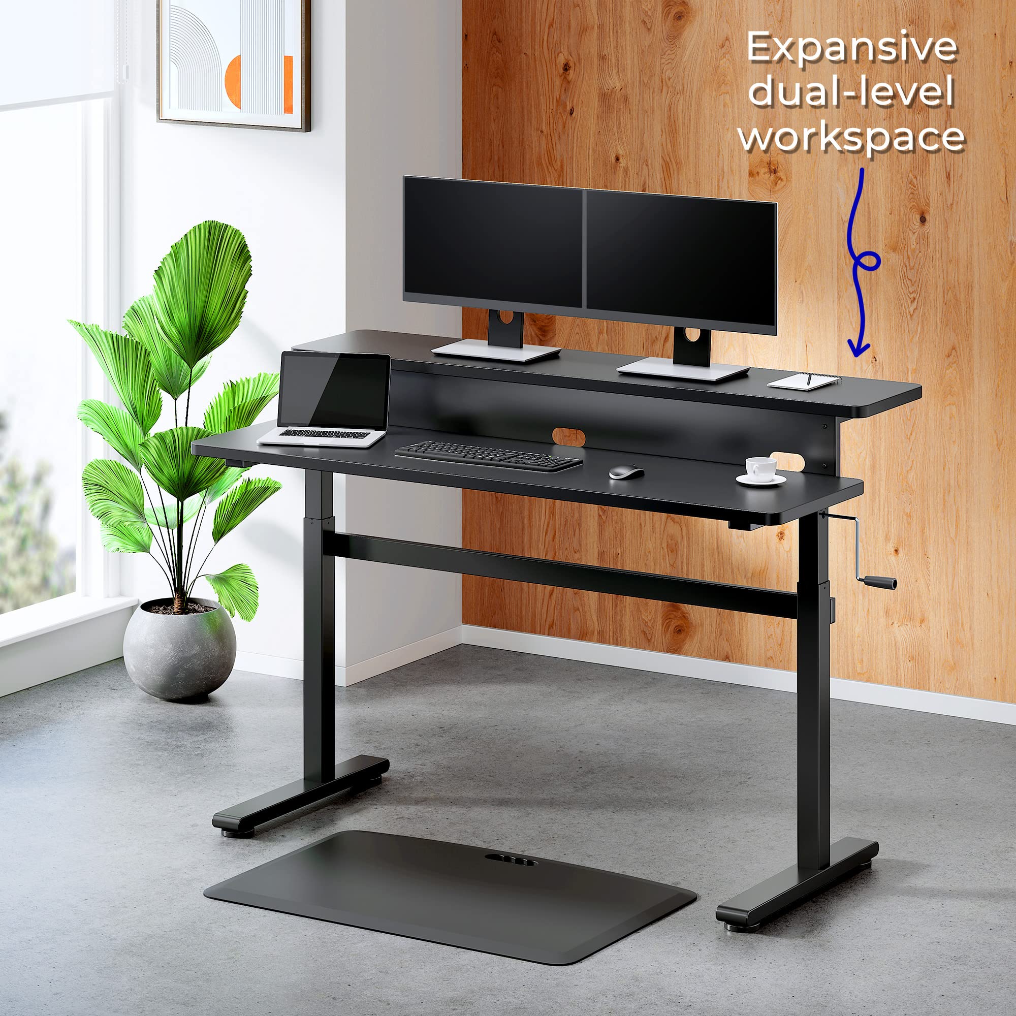 Tranzendesk 55 Inch Dual Level Standing Desk with Shelf - Adjustable Height Crank Sit Stand Workstation for Home & Office | Ergonomic Monitor Riser | Perfect for Remote Work, Gaming & Study (Black, 55in)