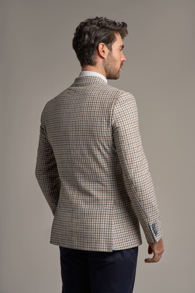 Sergio Cavani Double Breasted Beige Checkered Blazer for Men - Elegant Business Formal Wear & Office Suit Jacket for Weddings, Meetings, and Professional Events