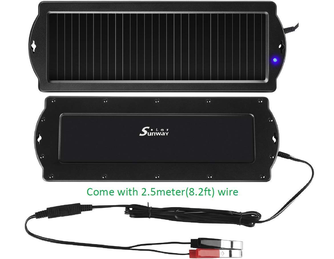 Sunway 12V Solar Car Battery Trickle Charger & Maintainer with Cigarette Lighter Plug & Battery Clamps - Compatible with Cars, Motorcycles, Boats, RVs, Snowmobiles & Watercraft - Ideal for Long-Term Vehicle Storage & Outdoor Adventures