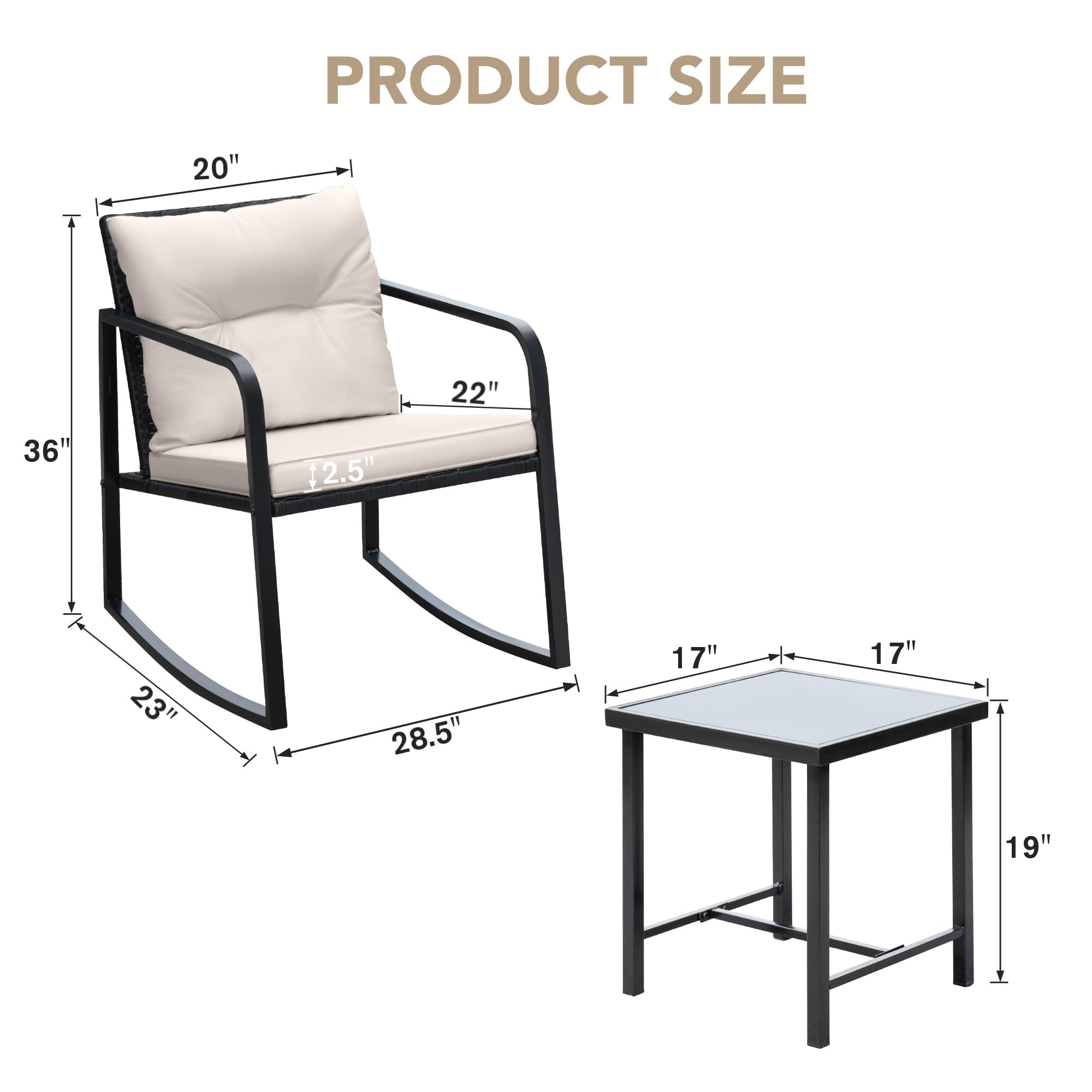 Devoko 3-Piece Wicker Patio Furniture Set - Outdoor Rocking Bistro Chairs with Glass Coffee Table, Beige - Perfect for Porch, Garden, Backyard & Poolside Relaxation