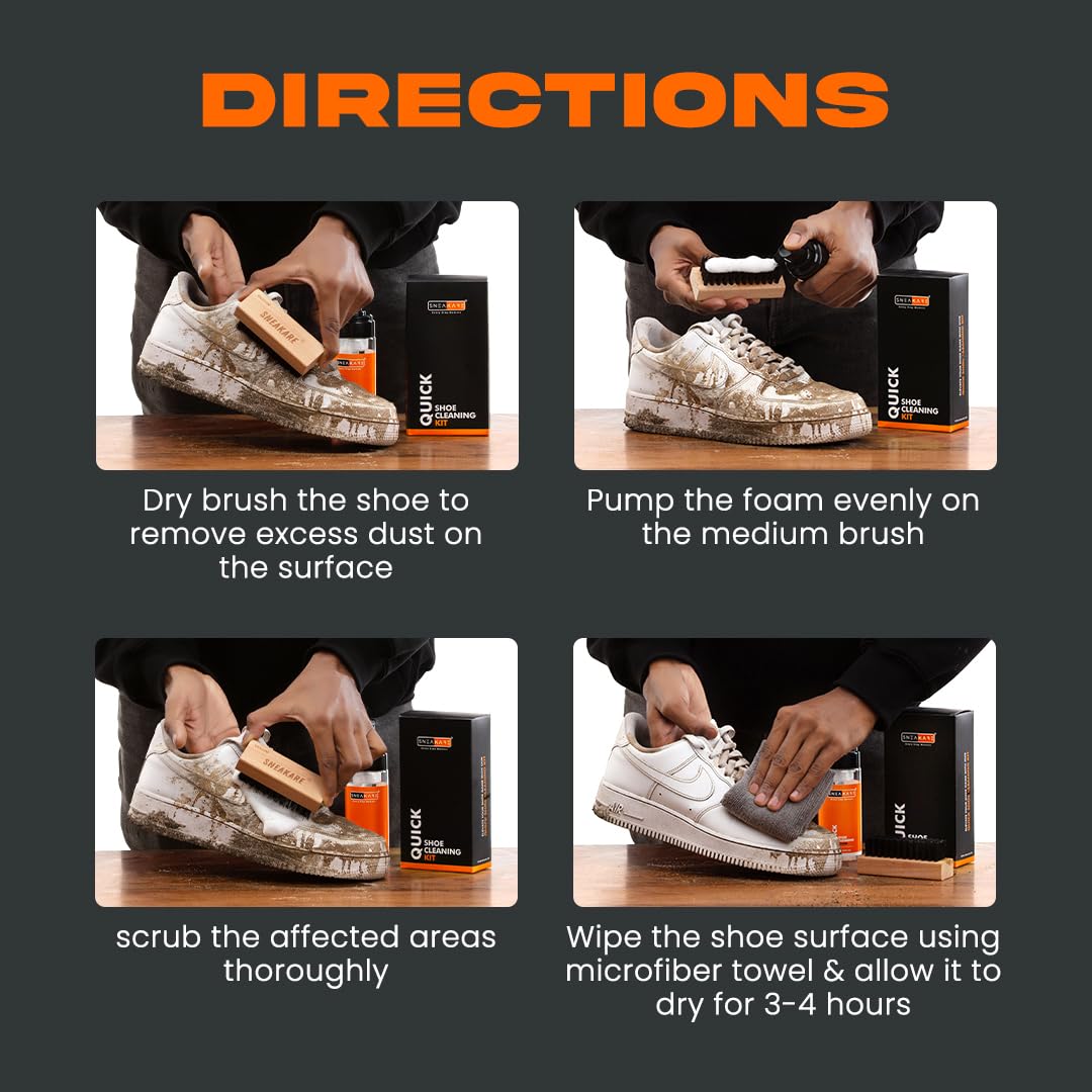 SNEAKARE Quick Shoe Cleaning Kit - Medium Bristle Brush & Foam Spray for Sneakers, Sports Shoes | White Shoe Cleaner Kit for Men & Women | Perfect for Gym, Running, Basketball & Daily Use