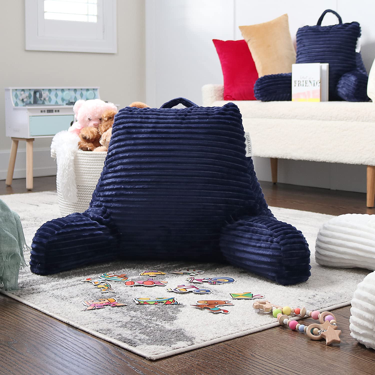 Clara Clark Plush Reading Pillow for Adults - Back Support Pillow with Arms & Pockets for Sitting in Bed, Shredded Foam Bed Rest Pillow (Navy) - Perfect for Reading, Watching TV, or Relaxing in Bed