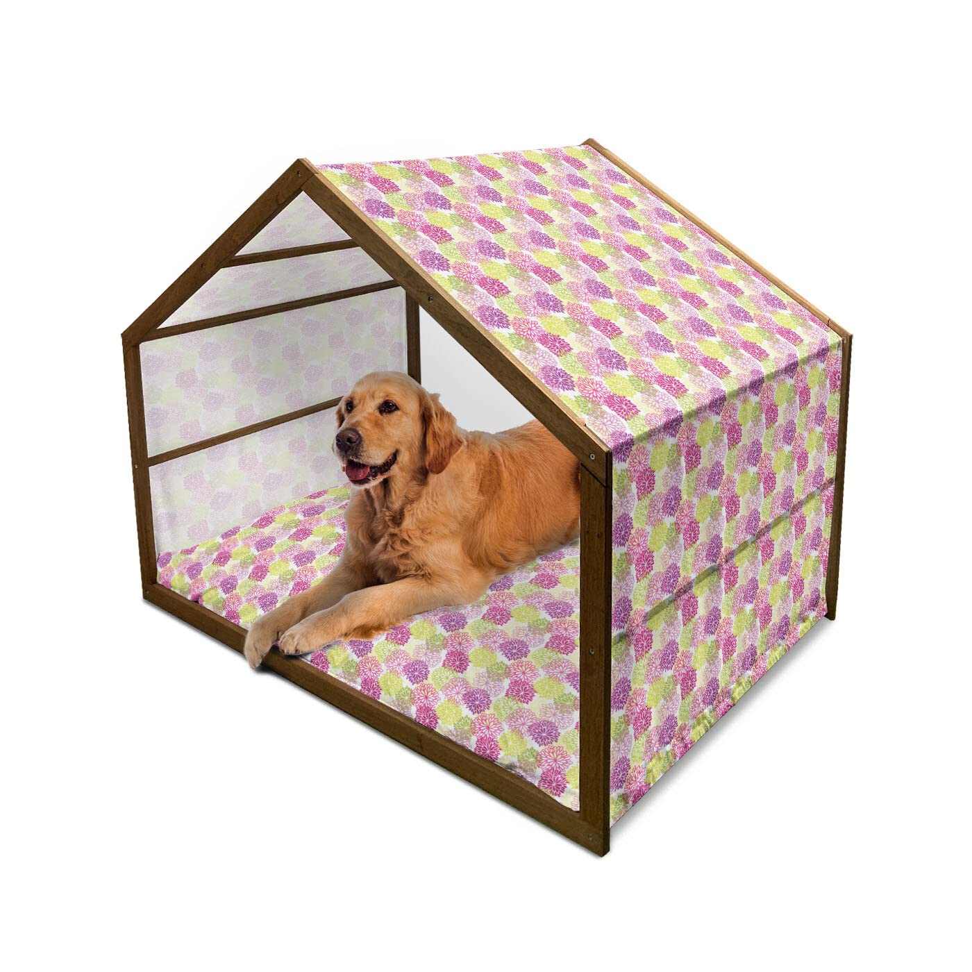 Ambesonne Floral Wooden Dog House - Vintage Abstract Design with Pillow & Cover, Indoor & Outdoor Portable Pet Kennel, X-Large (Magenta Violet Green) - Perfect for Gardens, Patios & Cozy Home Spaces