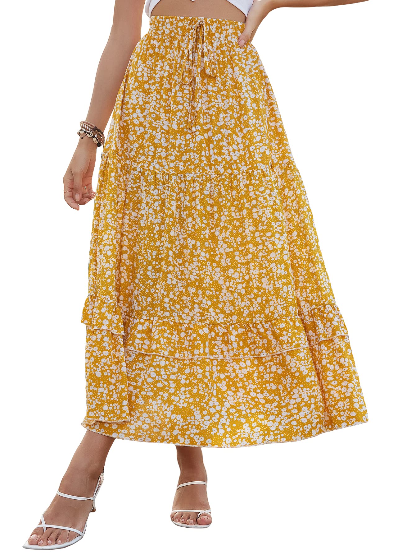 SheIn Women's Ditsy Floral Print Tie Front Maxi Skirt with Ruffle Hem - High Waist Bohemian Long Skirt for Summer, Beach, Vacation & Casual Outfits