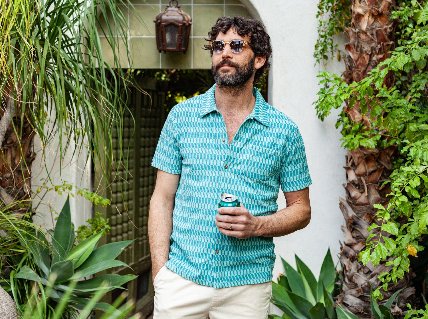 Terrycloth Button Down Shirt - Check Jacquard Pattern in Jade Green | Casual Wear & Loungewear for Women