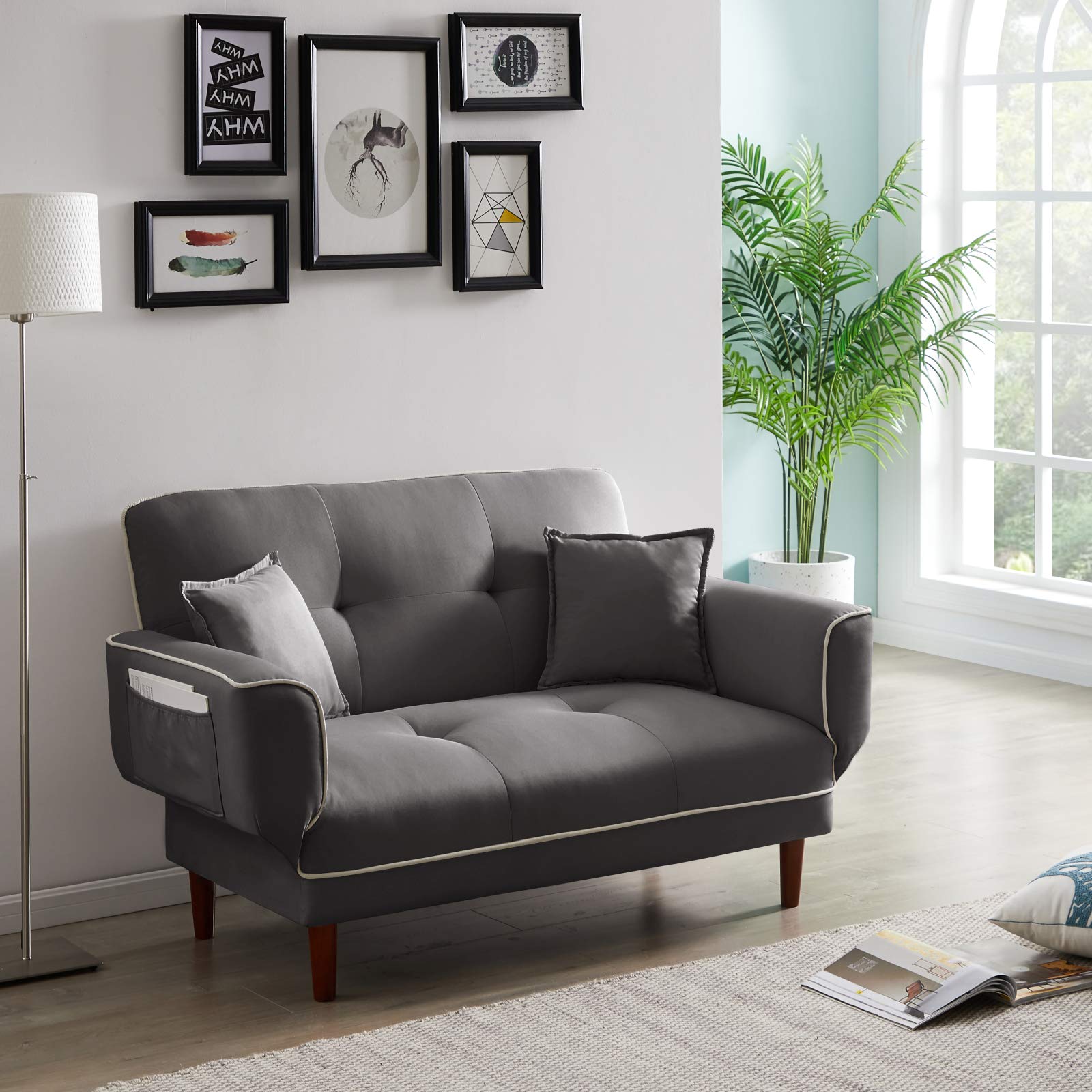 Modern Convertible Futon Sofa Bed - Adjustable Split Back Sleeper Daybed with 2 Pillows & Side Pocket - Gray Sectional Couch for Small Spaces | Perfect for Living Rooms, Apartments & Guest Rooms