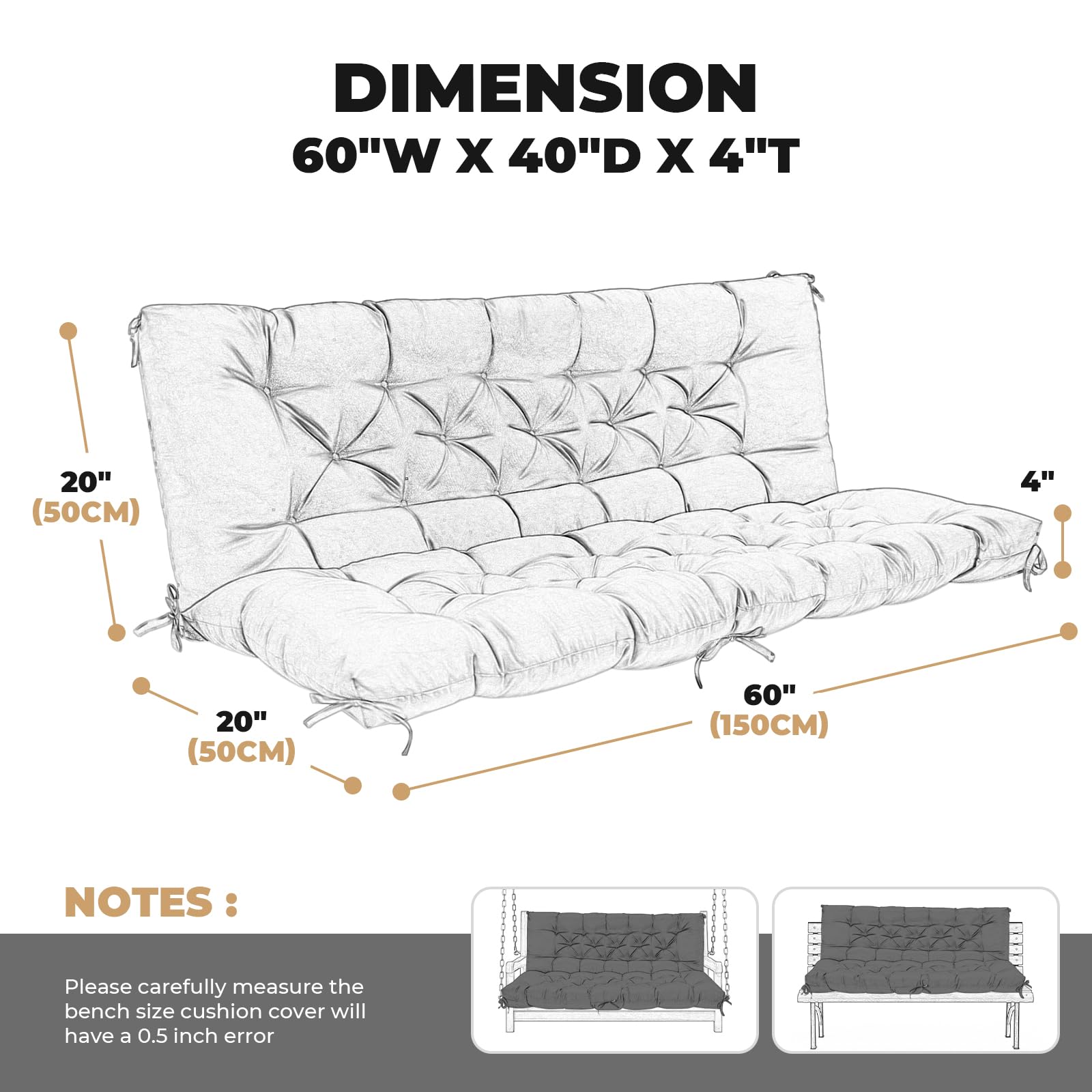 Waterproof Outdoor Swing Cushions for Patio Furniture - Thickened 60×40