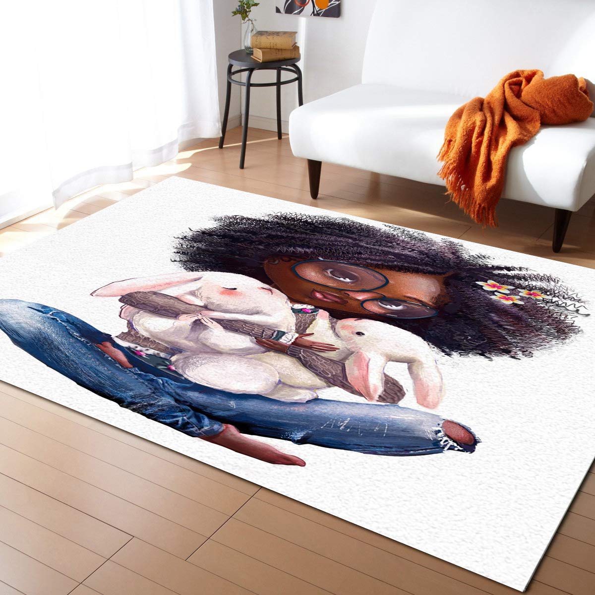 3'x5' African Black Art Afro Glasses Girl with Cartoon Rabbit Rectangle Area Rug - Non-Slip Floor Mat for Entryway, Living Room, Bedroom, Kitchen & Bathroom - Stylish Home Decor for Modern & Bohemian Interiors